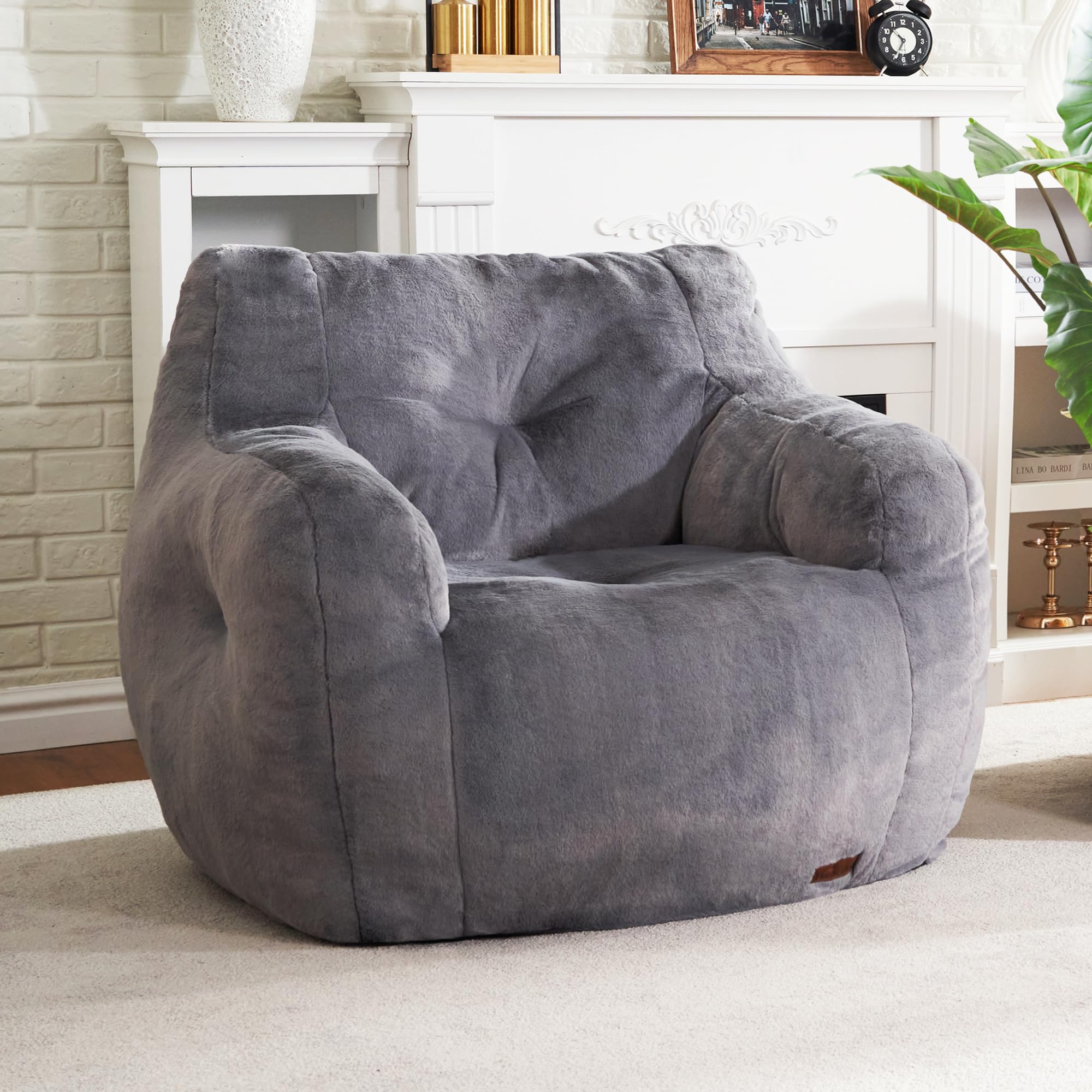 Hobestluk Furry Bean Bag Chair with Arms - Small Foam Filled Beanbag Sofa for Adults, Grey - Perfect for Reading, Relaxing in Bedroom, Living Room, Dorm & Game Room