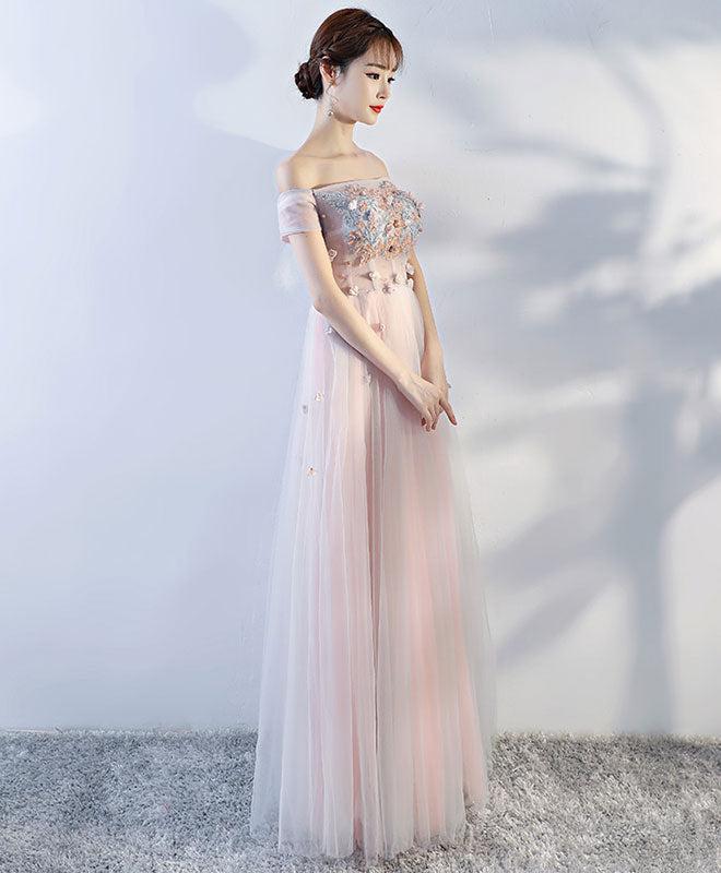 Elegant Pink Off-Shoulder Tulle Lace Applique Long Prom Dress - Formal Evening Gown for Homecoming, Quinceañera & Special Occasions