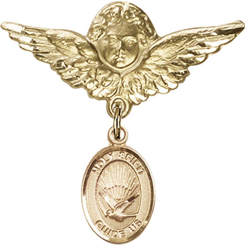 Gold Filled Holy Spirit & Angel Wing Charm Badge Pin - 1 1/8 X 1 1/8 Inches - Religious Jewelry for Baptism, First Communion & Christian Gifts