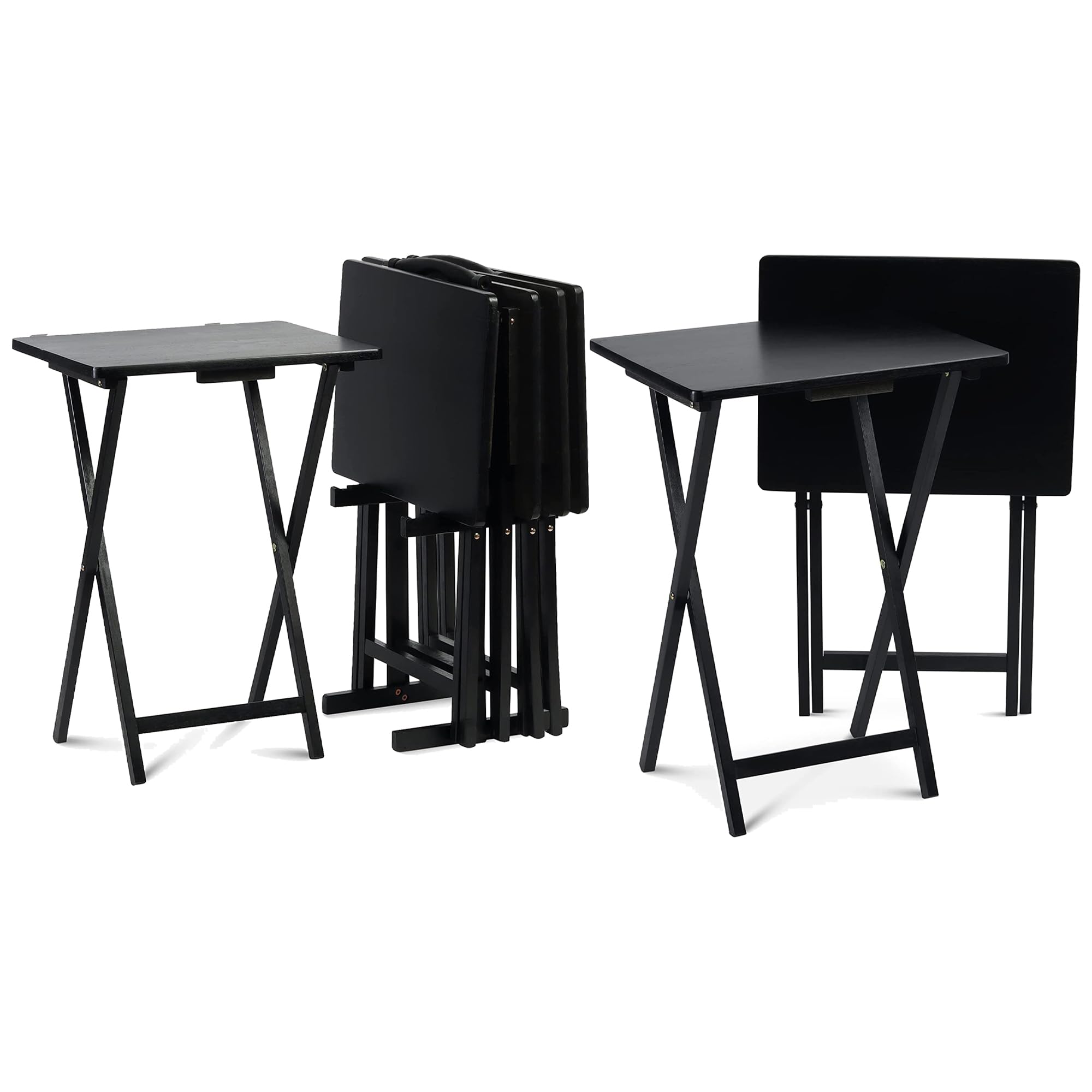 Solid Wood Folding TV Tray Table with Storage Rack - Portable Rectangle Snack Serving Tray for Sofa, Bed, Living Room - Black (Set of 7) - Perfect for Movie Nights, Breakfast in Bed & Home Entertainment