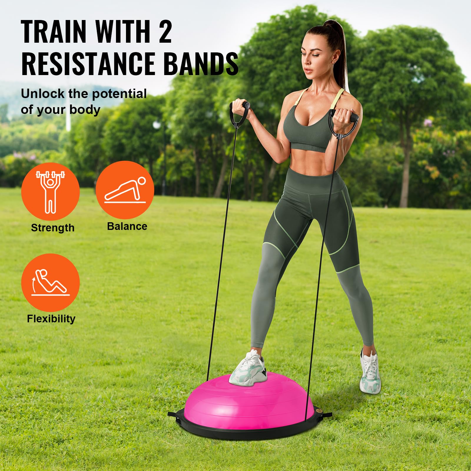 VEVOR 23/26 Inch Half Exercise Ball Trainer - 1500lbs Capacity Stability & Balance Ball with Resistance Bands & Foot Pump - Yoga Fitness Ball for Home Gym, Core Workouts, Pilates, Physical Therapy & Full Body Training (Black)