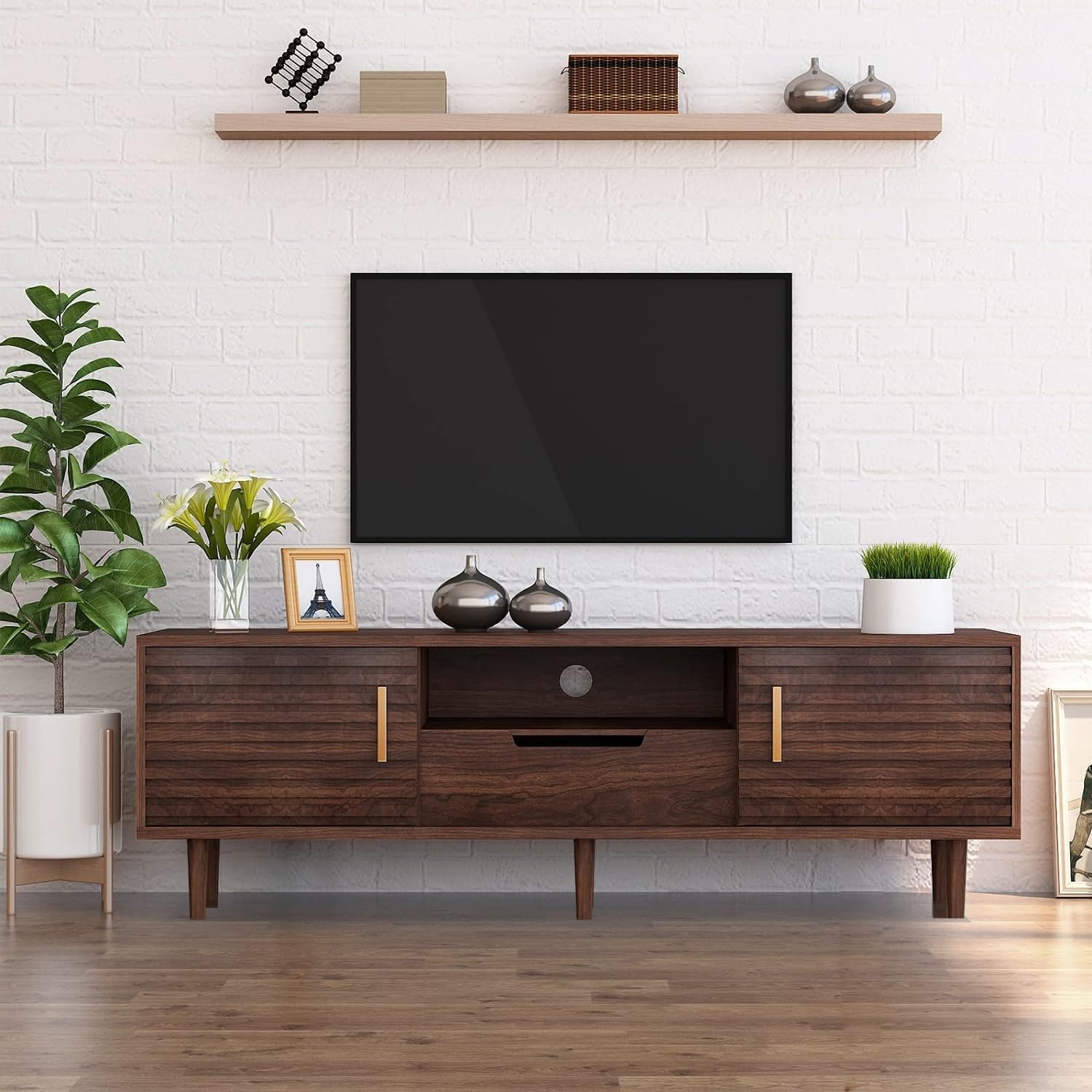 Mid-Century Modern TV Stand for 60-Inch TV - Brown Wooden Media Console with Storage Cabinet - Perfect for Living Room Home Entertainment & Stylish Décor