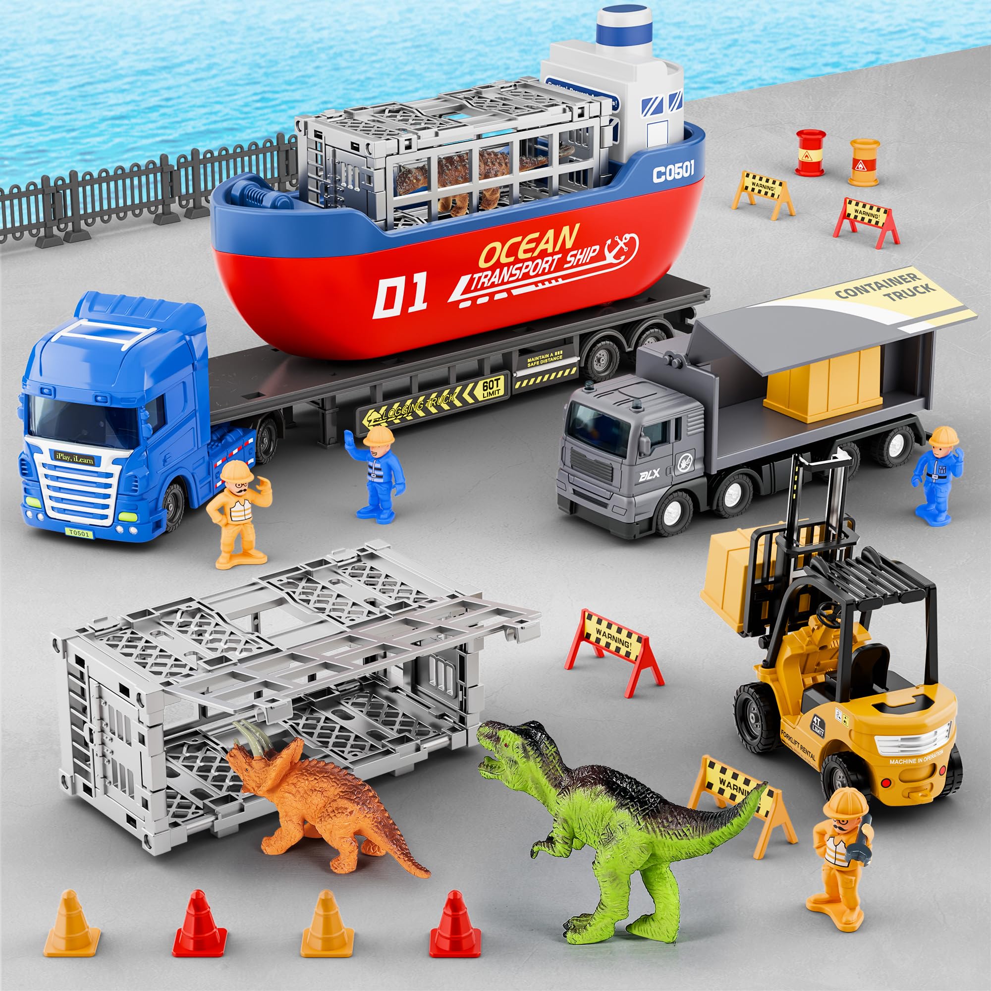 iPlay iLearn Dinosaur Cargo Truck Toys for Kids Ages 3-8 - Toddler Construction Playset with Boat, Trailer, Container Ship & Forklift Vehicles - Fun Educational Birthday Gift for Boys & Girls - Perfect for Pretend Play, Learning Transportation & Developing Fine Motor Skills