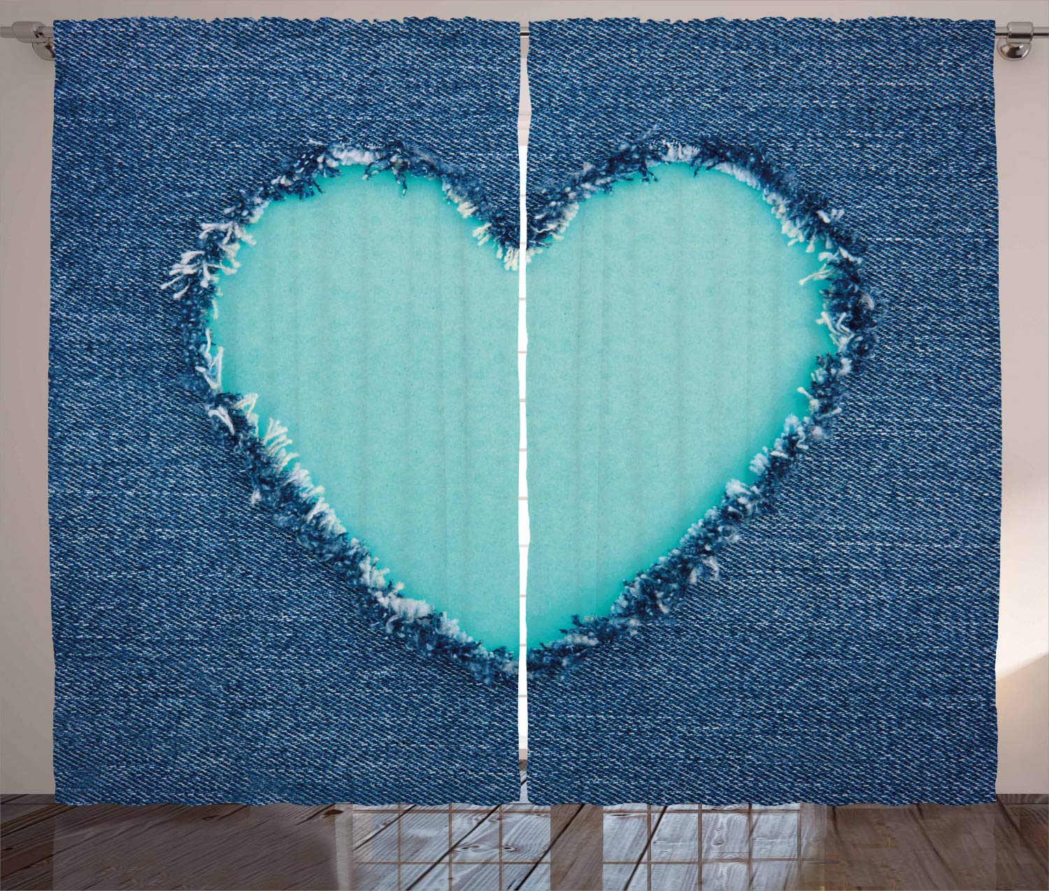 Ambesonne Navy and Teal Heart Print Curtains - Romantic Ripped Heart Design for Valentine's Day - 2 Panel Window Drapes 108