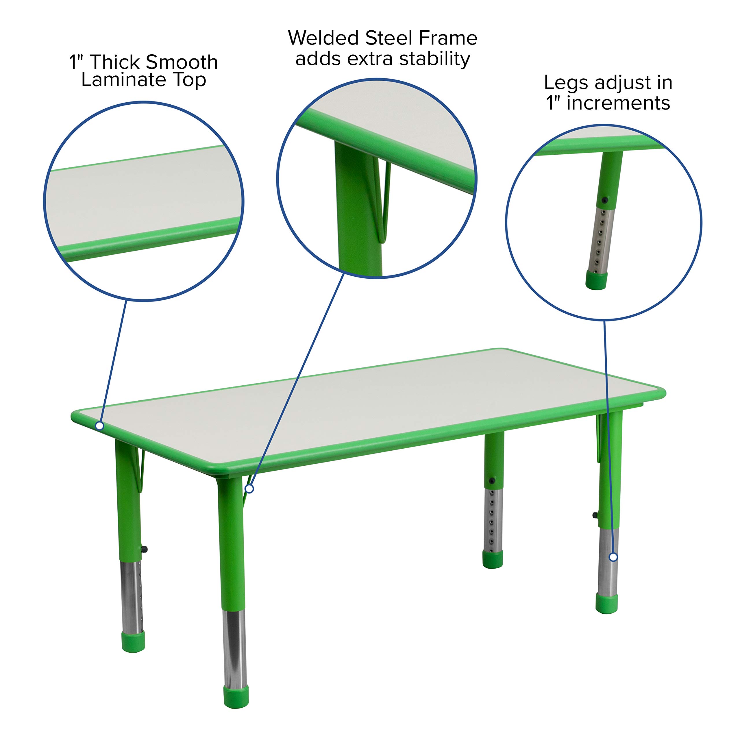 EMMA + OLIVER 23.625x47.25 Inch Green Plastic Adjustable Height Kids Activity Table - Perfect for Preschool Classrooms, Daycare Centers & Home Playrooms