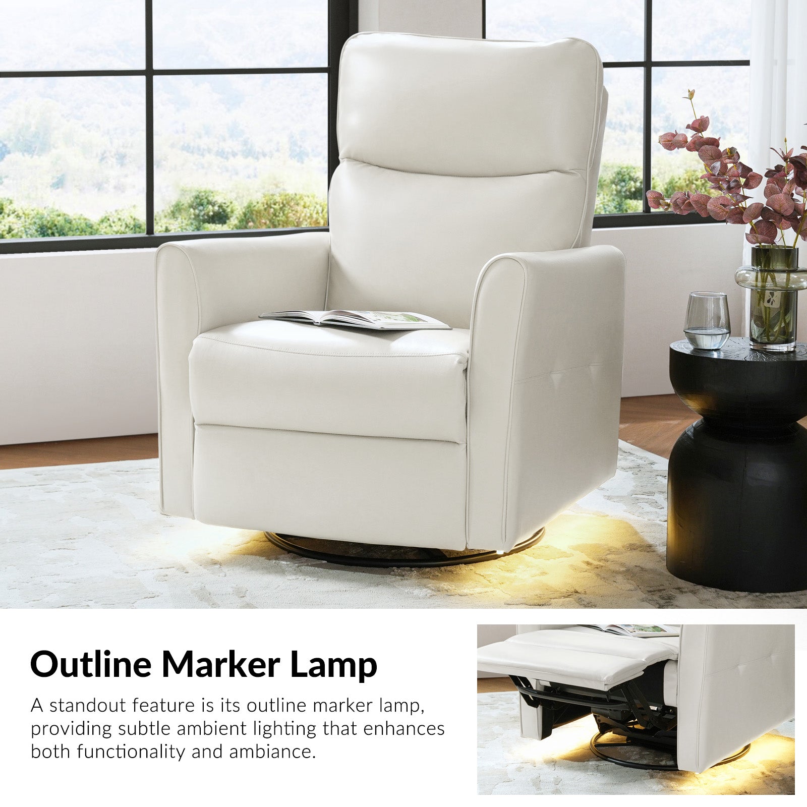 Modern Faux Leather Power Swivel Recliner Chair with USB Charging & Adjustable LED Reading Lamp - Perfect for Home Theater, Living Room & Office Relaxation