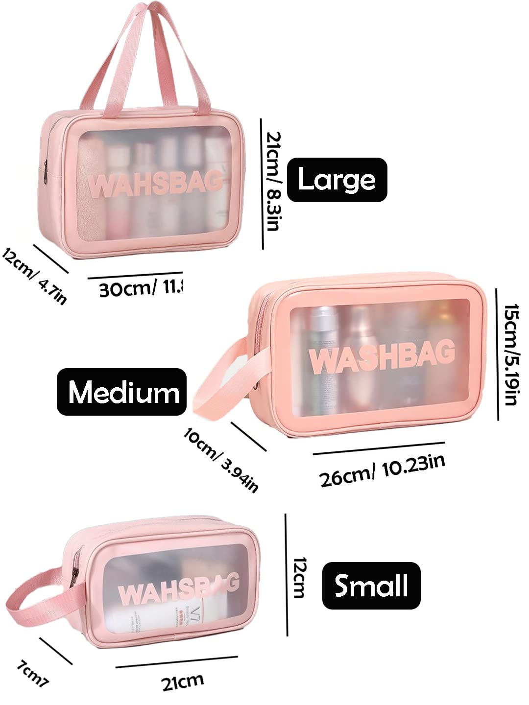 Amso Waterproof PVC Cosmetic Bag Set of 3 - Travel Makeup Organizer for Brushes, Toiletries & Accessories - Pink Zippered Portable Pouch for Home, Gym & Vacation Essentials