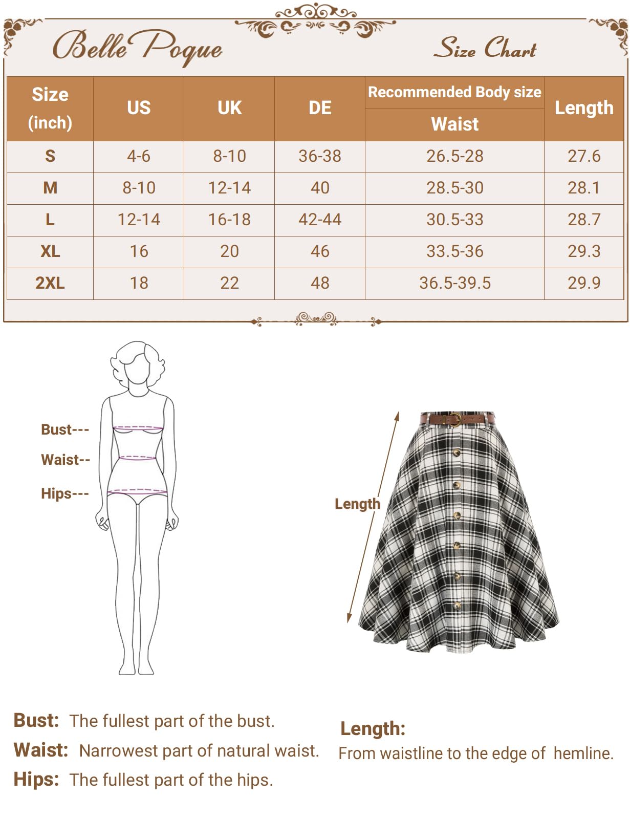 Belle Poque Women's Vintage Plaid A-Line Skirt - Pleated Flared Midi Skirt with Pockets & Belt for Fall Winter | Office, Party & Casual Wear