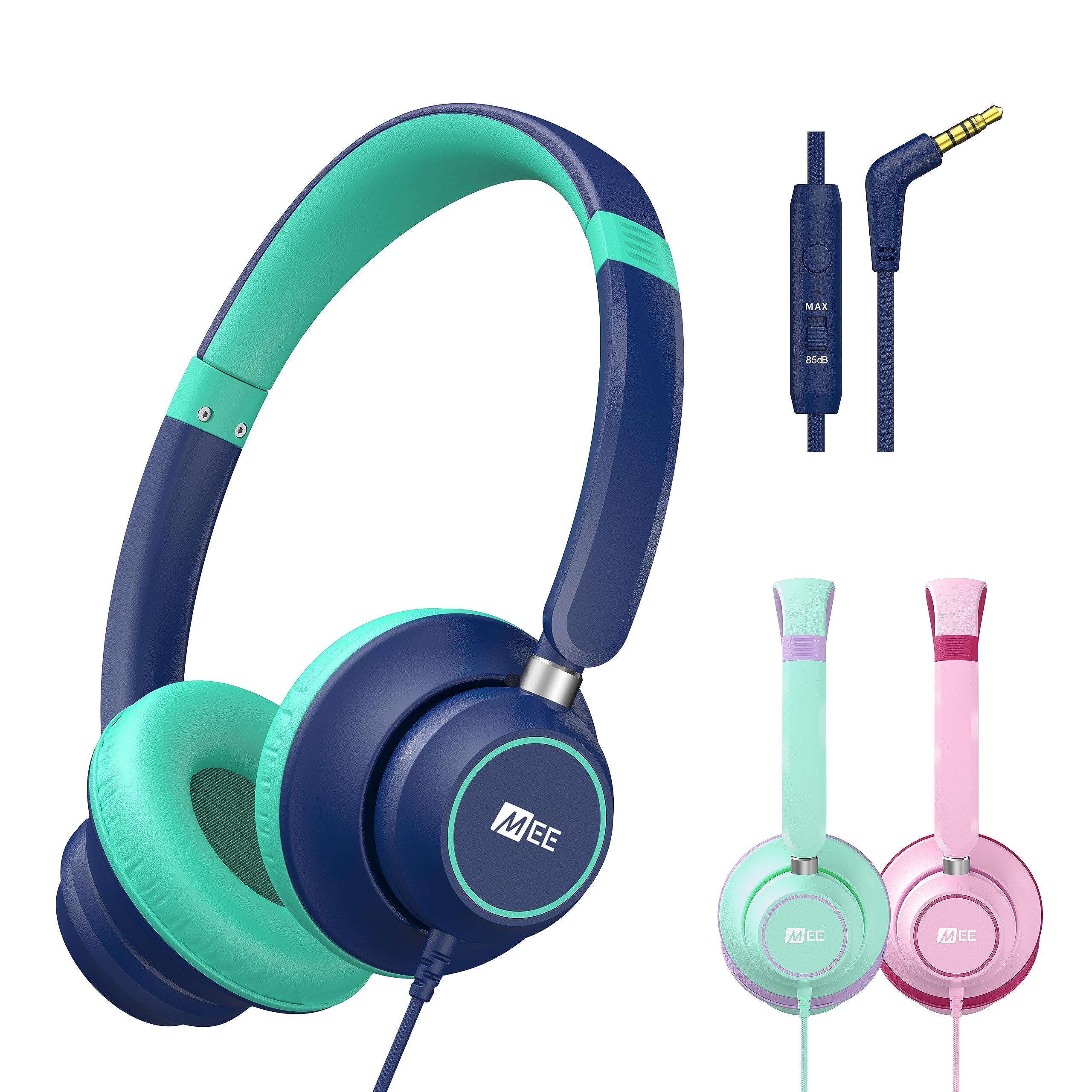 MEE audio KidJamz KJ45 Kids Headphones with Volume Limiter & Mic - Safe On-Ear Adjustable Headset for Children, 3.5mm Wired (Blue/Teal) - Perfect for Online Classes, Homeschooling, Travel & Tablet Use