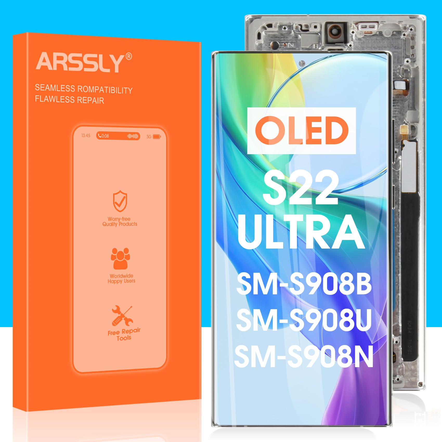 Original OLED Screen Replacement for Samsung Galaxy S22 Ultra 5G (Model SM-S908B/SM-S908U) - Full Display Assembly with Digitizer & Tools (Silver Frame) - Perfect for Cracked Screen Repair & DIY Phone Maintenance