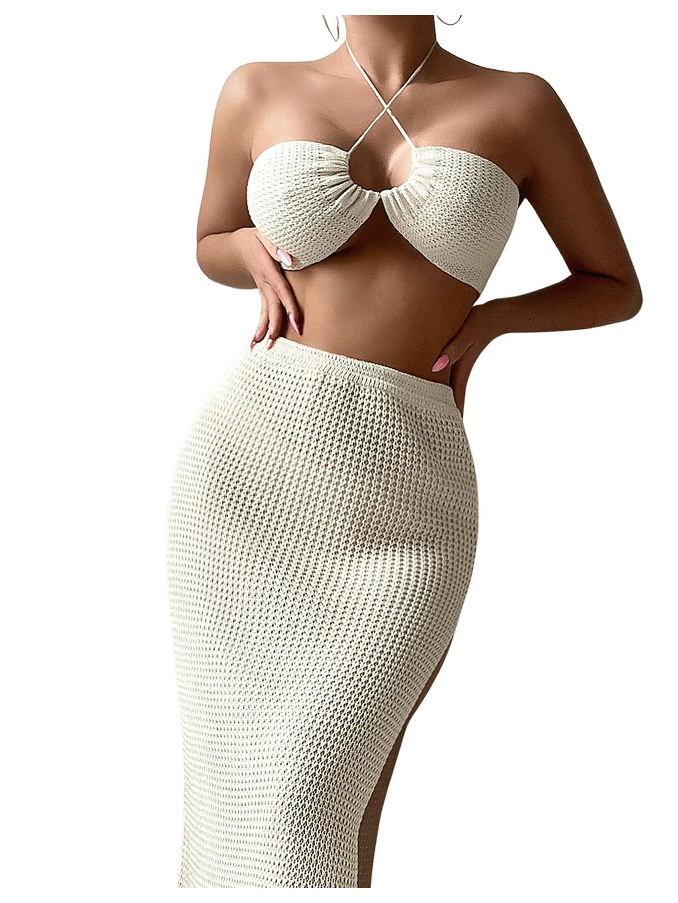 SHENHE Women's 2 Piece Beach Cover Up Set - Cross Halter Neck Swimsuit Cover Up Top & High Slit Long Skirt - Perfect for Poolside, Vacation, and Summer Outfits