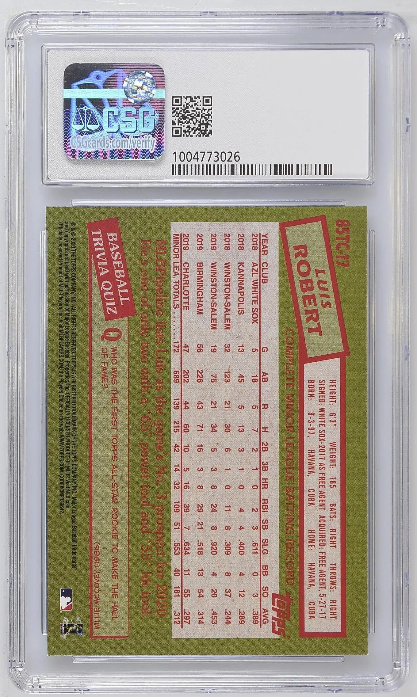 2020 Topps Chrome Baseball Luis Robert Rookie Card RC '85 Topps Design CSG 9.5 Gem Mint - Perfect for Collectors, Sports Memorabilia & Investment