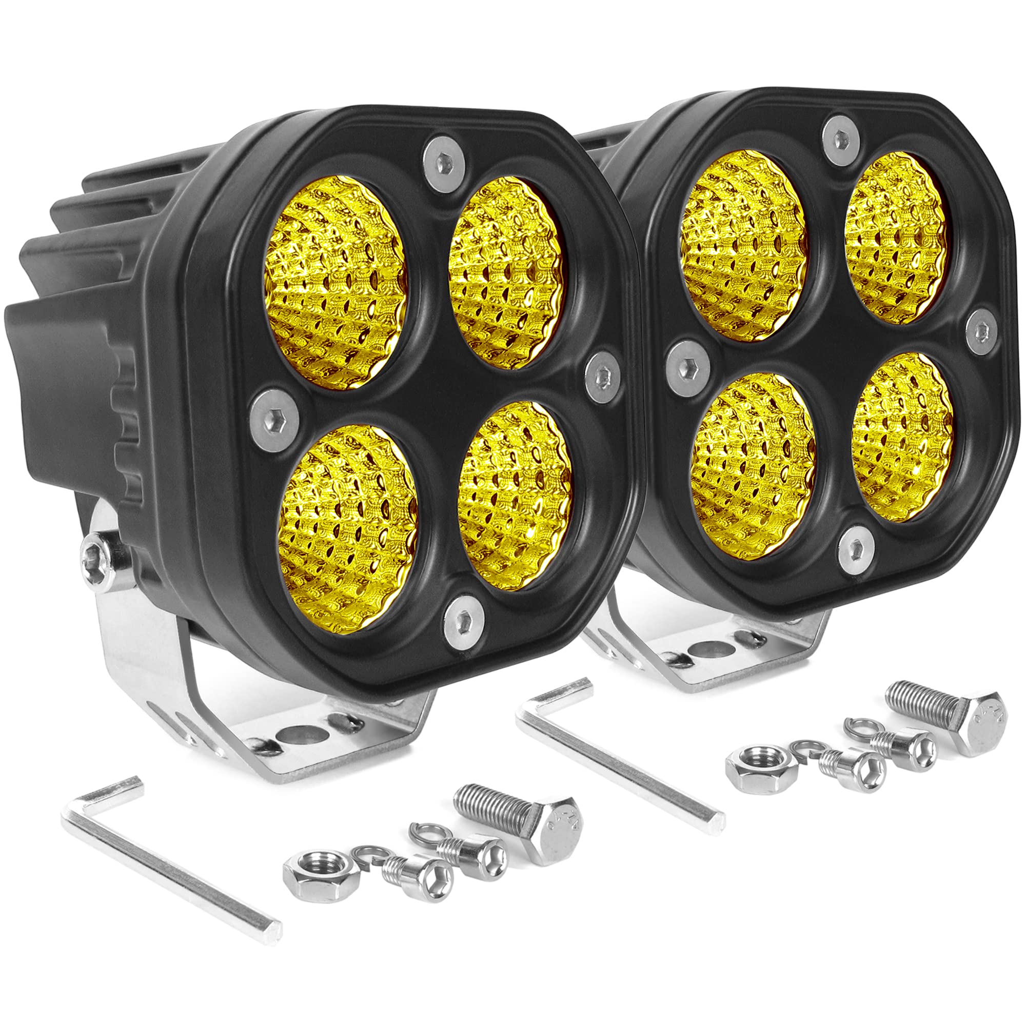 3 Inch Yellow LED Flood Beam Fog Lights - Waterproof Offroad Driving Lamps for Trucks, SUV, ATV, 4x4 - Durable Bumper Pod Headlight Kit (Pack of 2) for Night Off-Roading, Hunting & Emergency Vehicles