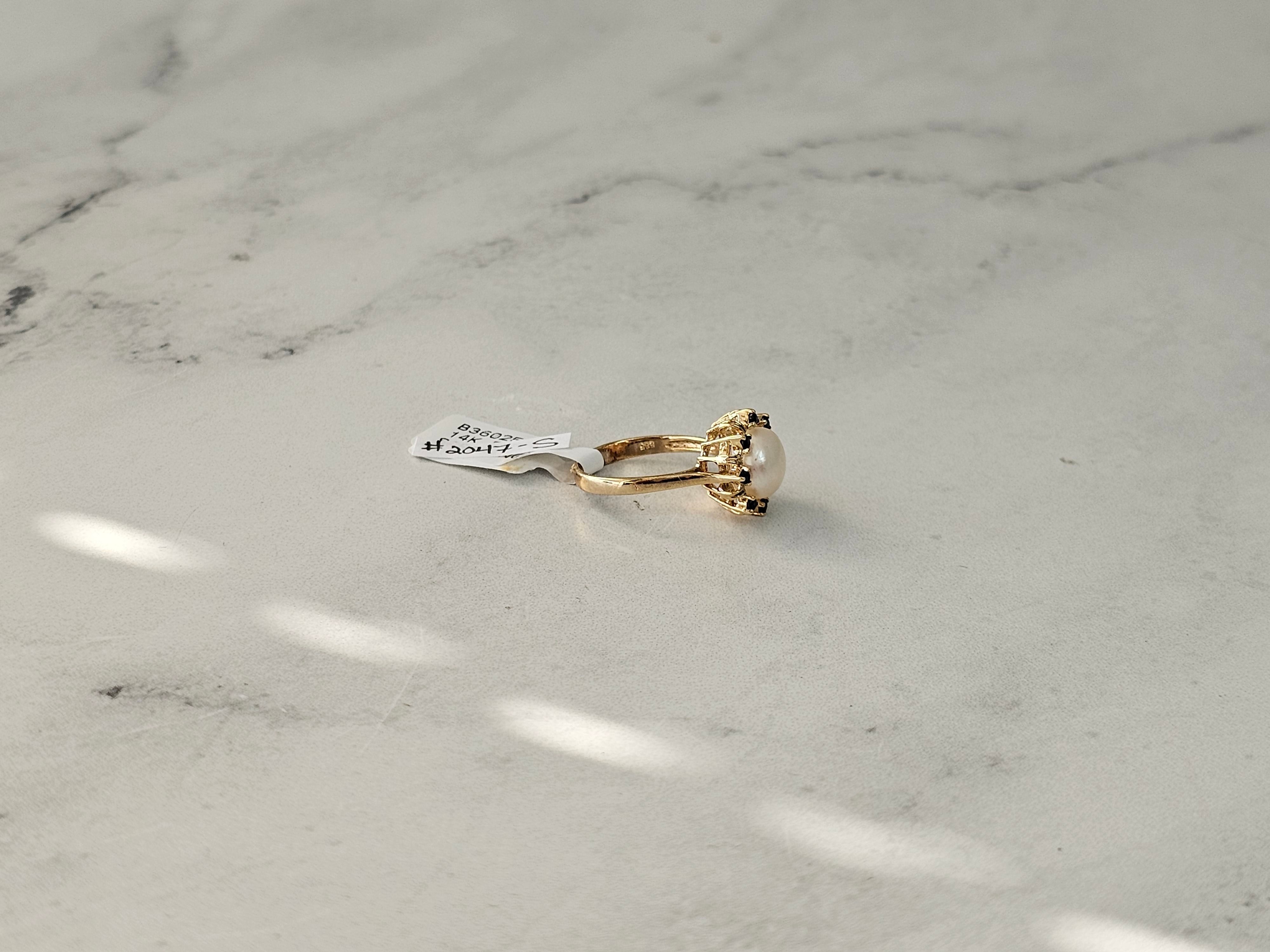 8MM Genuine Pearl Ring with Sapphire Halo in 14k Yellow Gold - Elegant Bridal Jewelry & Anniversary Gift for Women