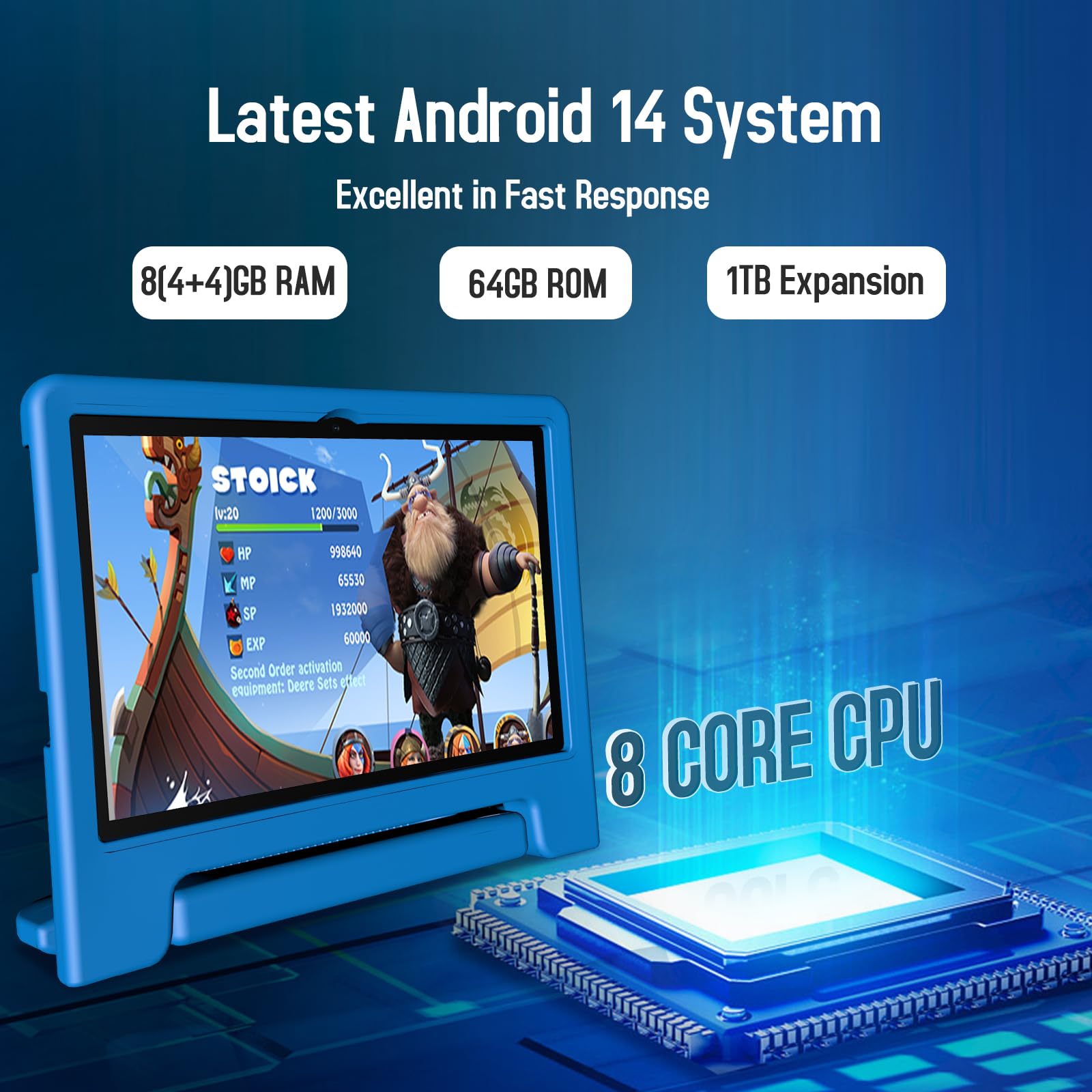 10 Inch Kids Tablet with Android 14 | 8GB RAM 64GB ROM Octa-Core Fast-Charging | Shockproof Case, Bluetooth, WiFi, Parental Control, Dual Camera, GPS | Perfect for Learning, Games & Travel Entertainment