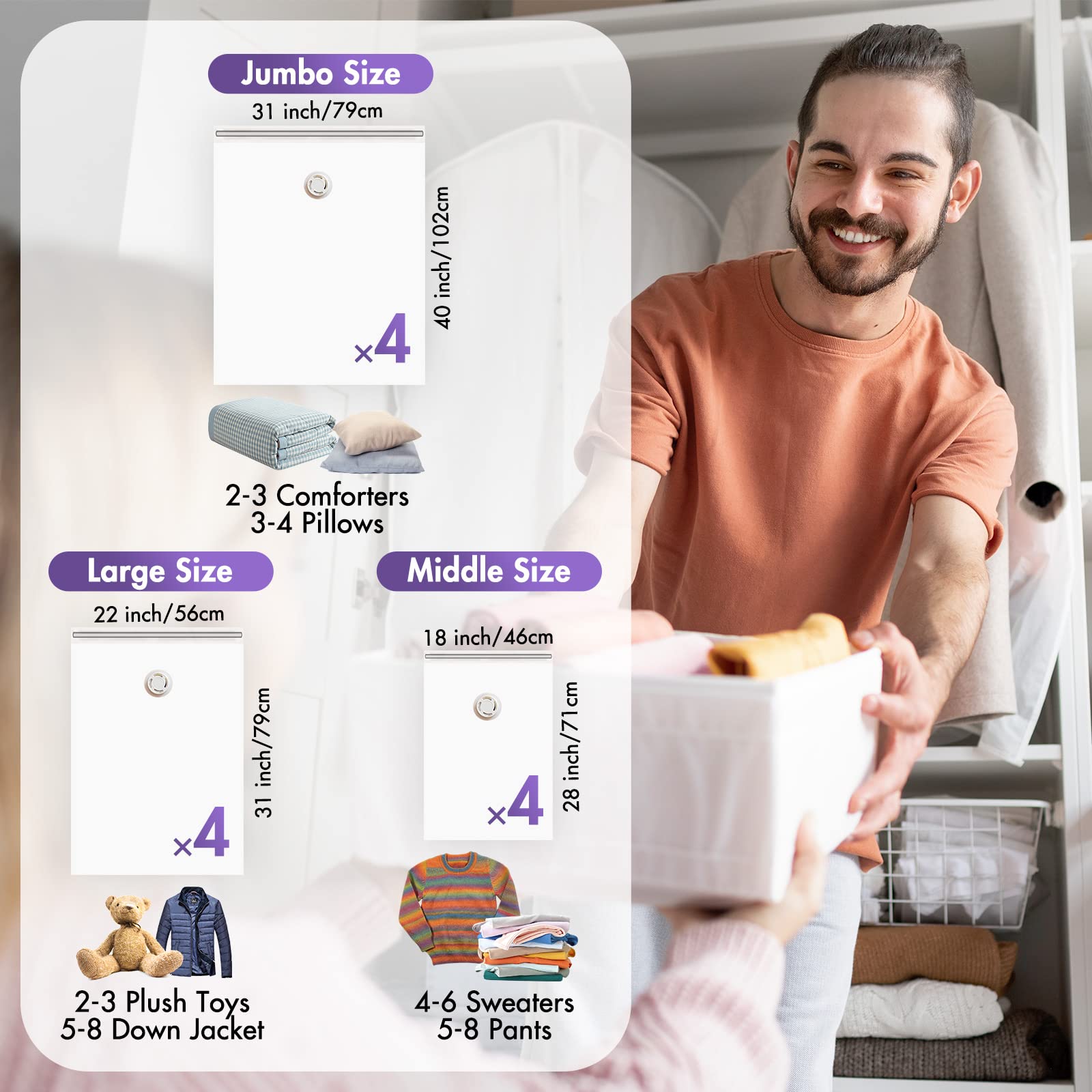 TAILI 12 Pack Vacuum Storage Bags Set (4 Jumbo, 4 Large, 4 Medium) - Space Saving Vacuum Seal Bags for Clothes, Bedding, Comforters & Blankets | Closet Organizer for Seasonal Storage & Travel Packing