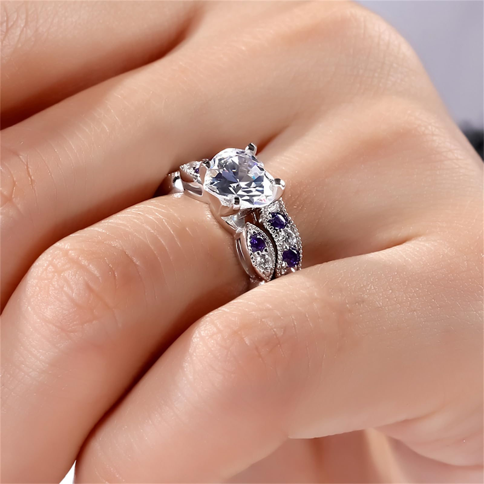 Jeulia 3 Carat CZ Solitaire Engagement Ring Set - Halo Milgrain Heart Cut Sterling Silver Wedding Band for Women | Anniversary, Proposal, Bridal Jewelry Gift for Her