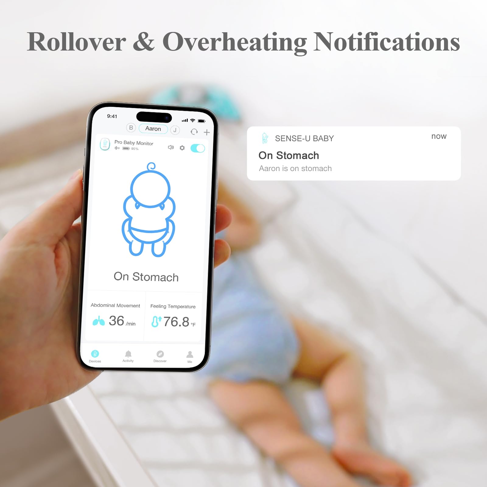 Sense-U Pro Baby Movement Monitor with Vibration Alerts – Rollover, Overheating & Motion Detection – Real-Time App & Sound Notifications – Clip-On Design for Cribs & Bassinets – FSA/HSA Eligible Smart Sleep Tracker (Ideal for Newborns & Infants Safety Monitoring)