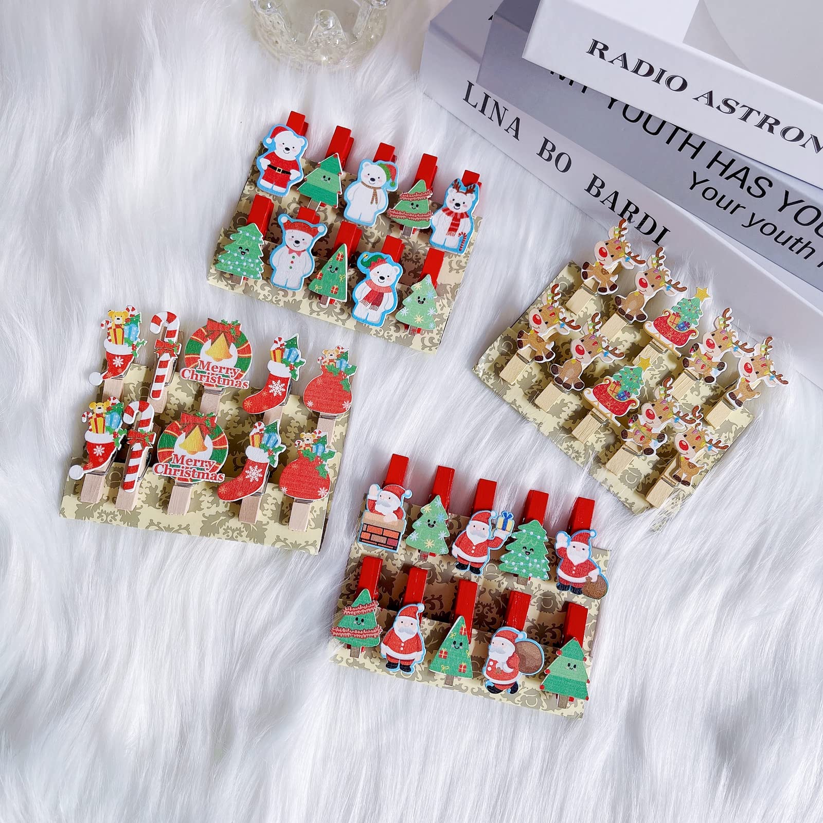 40 Pcs Mini Wooden Clothes Pins for Hanging Photos, Christmas Cards & Stockings - Decorative Clips with Twine for Home, Party & DIY Crafts - Perfect for Holiday Decor, Photo Displays & Gift Wrapping