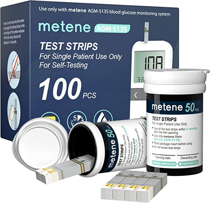 Metene AGM 513S Blood Glucose Test Strips for Diabetes - 100 Count, Compatible with Metene AGM 513S Glucometer Only | Home Diabetes Monitoring & Health Management