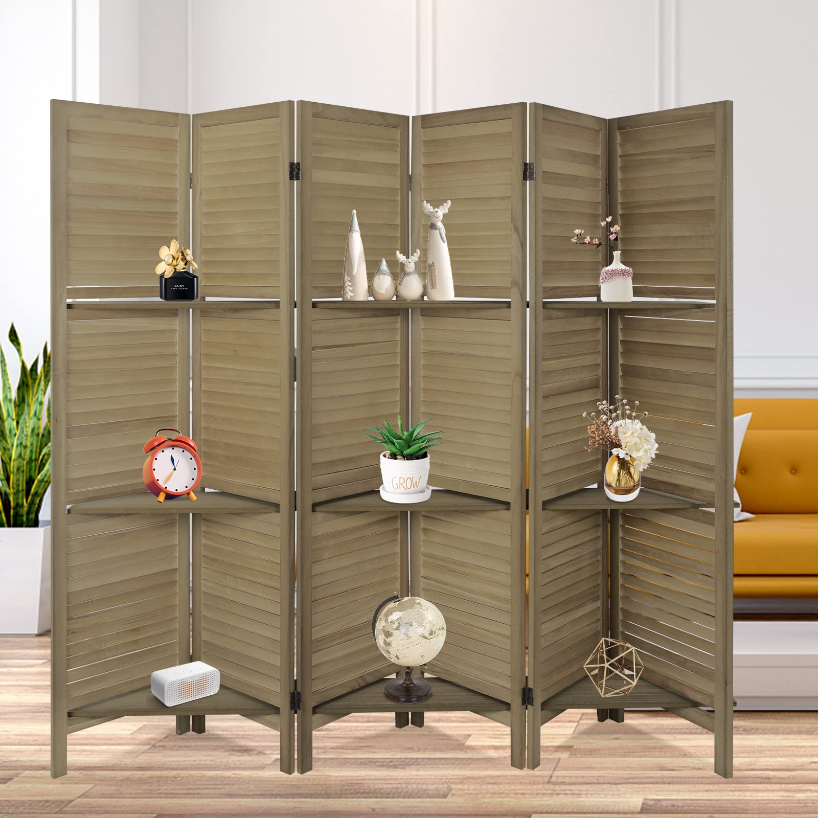 Babion 6-Panel Wooden Room Divider with 3 Display Shelves - Folding Privacy Screen for Home Office, Living Room & Bedroom - Brown Partition Wall for Space Organization & Decoration