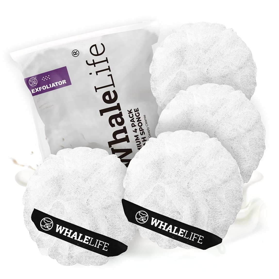 WhaleLife 4-Pack Double-Layer Exfoliating Bath Sponges - Large Shower Loofah Puffs (60g, White) | Gentle Skin Cleansing & Body Scrub | Perfect for Daily Shower, Spa & Exfoliation Routine