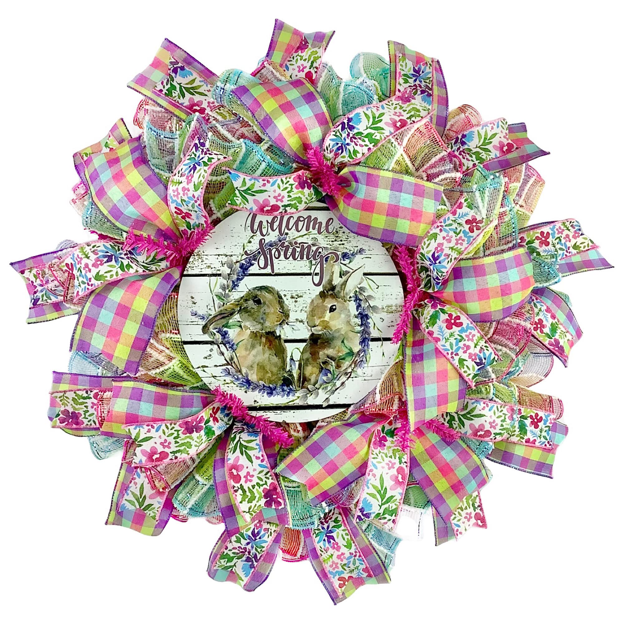 Easter Bunny Spring Wreath with Plaid Pastel Fuzzy Deco Mesh - Front Door Decor for Easter, Spring Home Decorations - Perfect for Outdoor Door Hanging and Seasonal Holiday Decorating