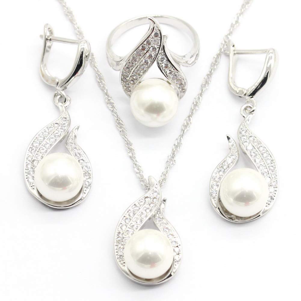 Elegant White Freshwater Pearl Jewelry Set for Women - Sterling Silver & White Gold Plated Necklace, Drop Earrings & Rings - Perfect for Weddings, Bridal Parties & Special Occasions