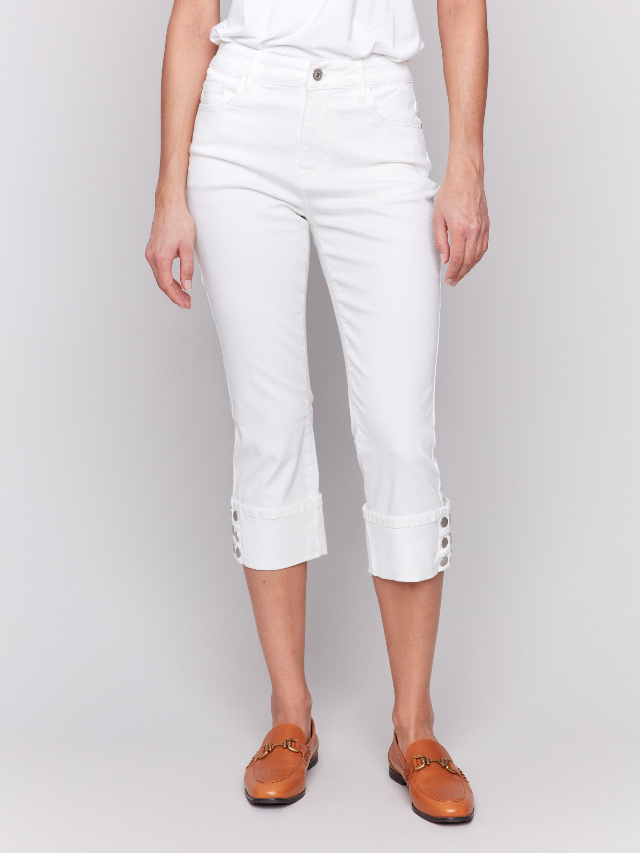 Cropped Twill Jeans for Women - High Waisted White Denim Pants with Snap Button Cuff Detail | Casual Streetwear, Spring Summer Outfits, Weekend Looks