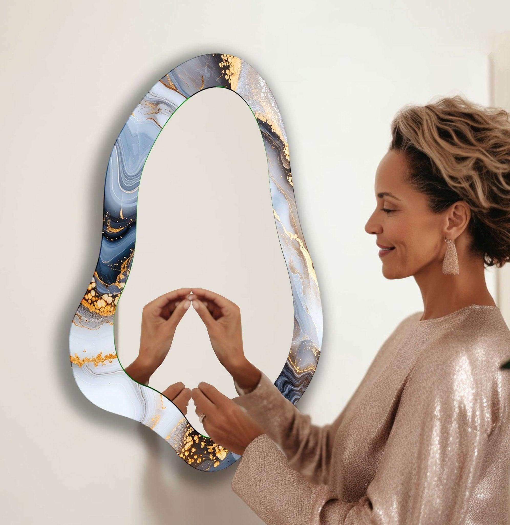 Handmade Asymmetrical Grey Alcohol Ink Wall Mirror - Unique Home Decor for Living Room, Bedroom, or Bathroom - Modern Abstract Art Piece for Wall Hanging