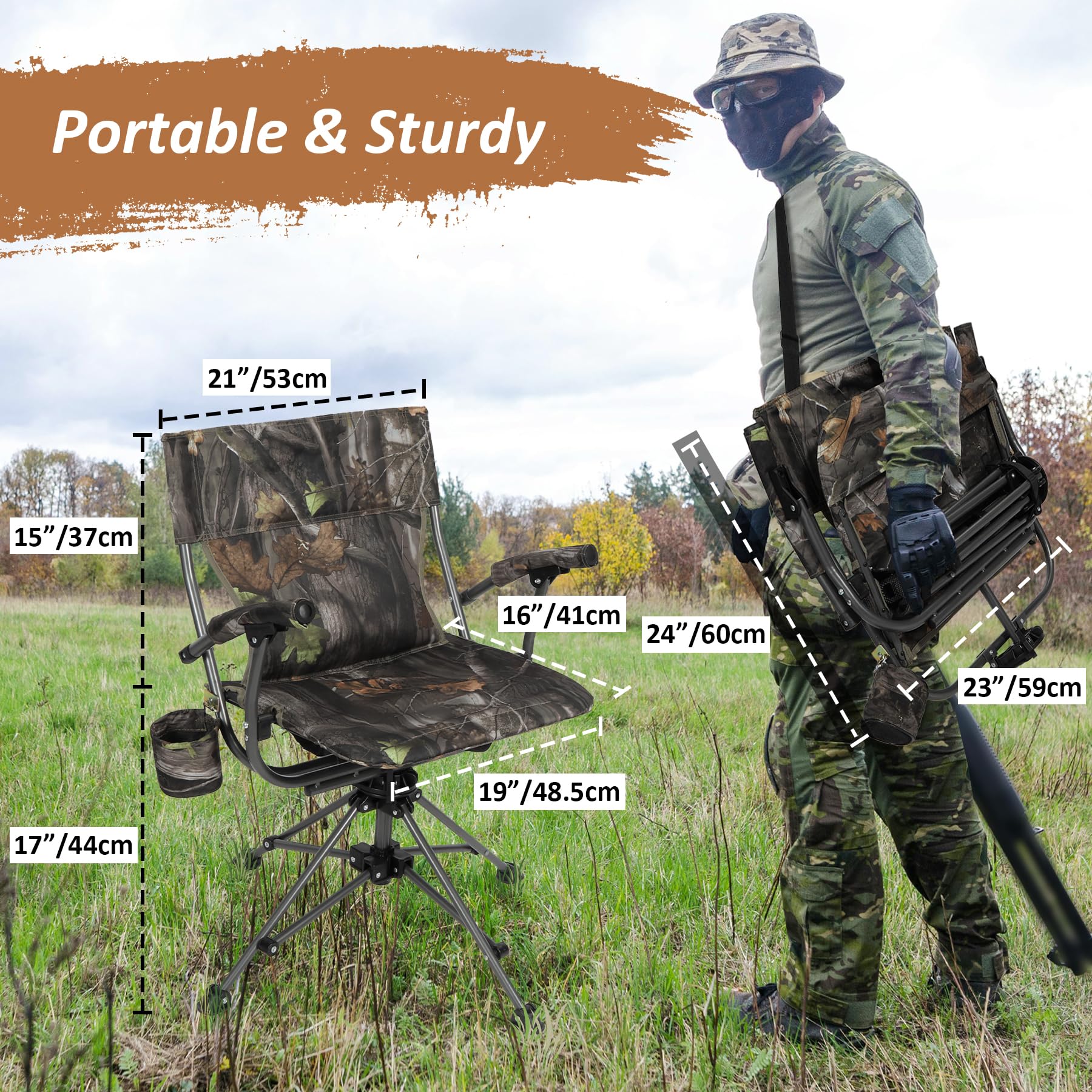 REDCAMP 360° Swivel Hunting Chair for Ground Blinds - Portable Folding Camouflage Camping Chair with Hard Arms for Adults - Perfect for Hunting, Fishing, and Outdoor Adventures