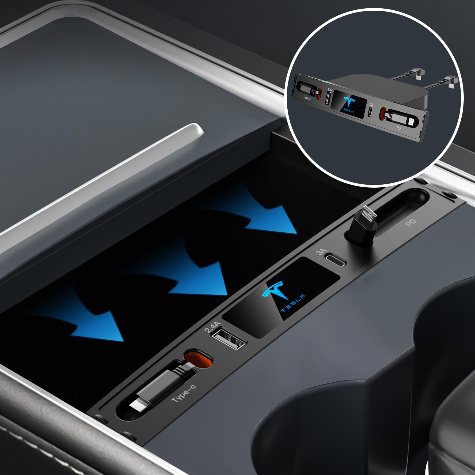 Premium Multi-Port USB Car Charger for Tesla Model 3/Y (2021-2023) - Fast Charging Tesla Accessories with Retractable Cable & Brand Logo - Perfect Tesla USB Hub & Gifts for Tesla Owners - Ideal for Road Trips & Daily Commuting