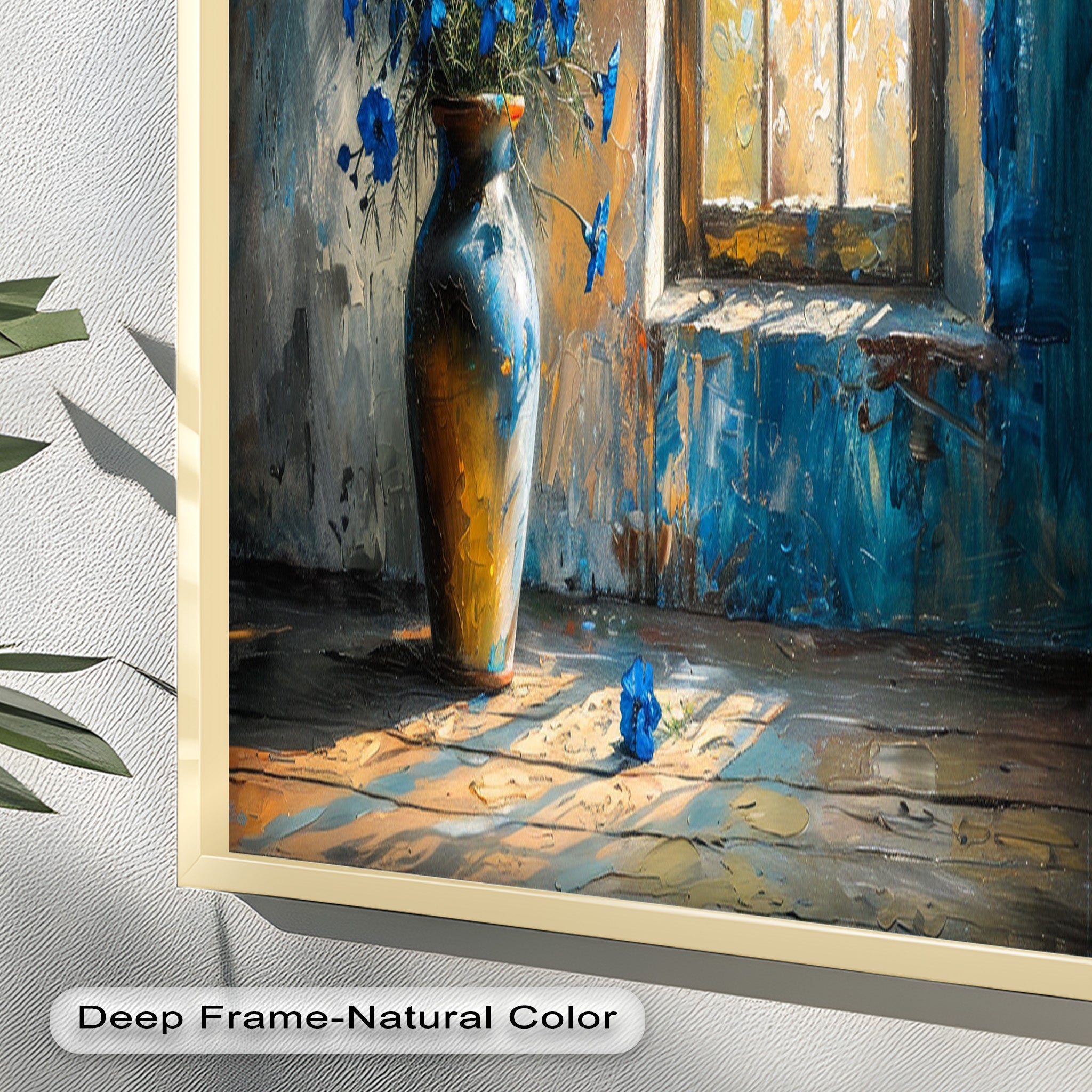 Blue Flowers in Vase - Rustic Still Life Oil Painting on Canvas - Perfect for Farmhouse Decor, Living Room Wall Art & Home Office