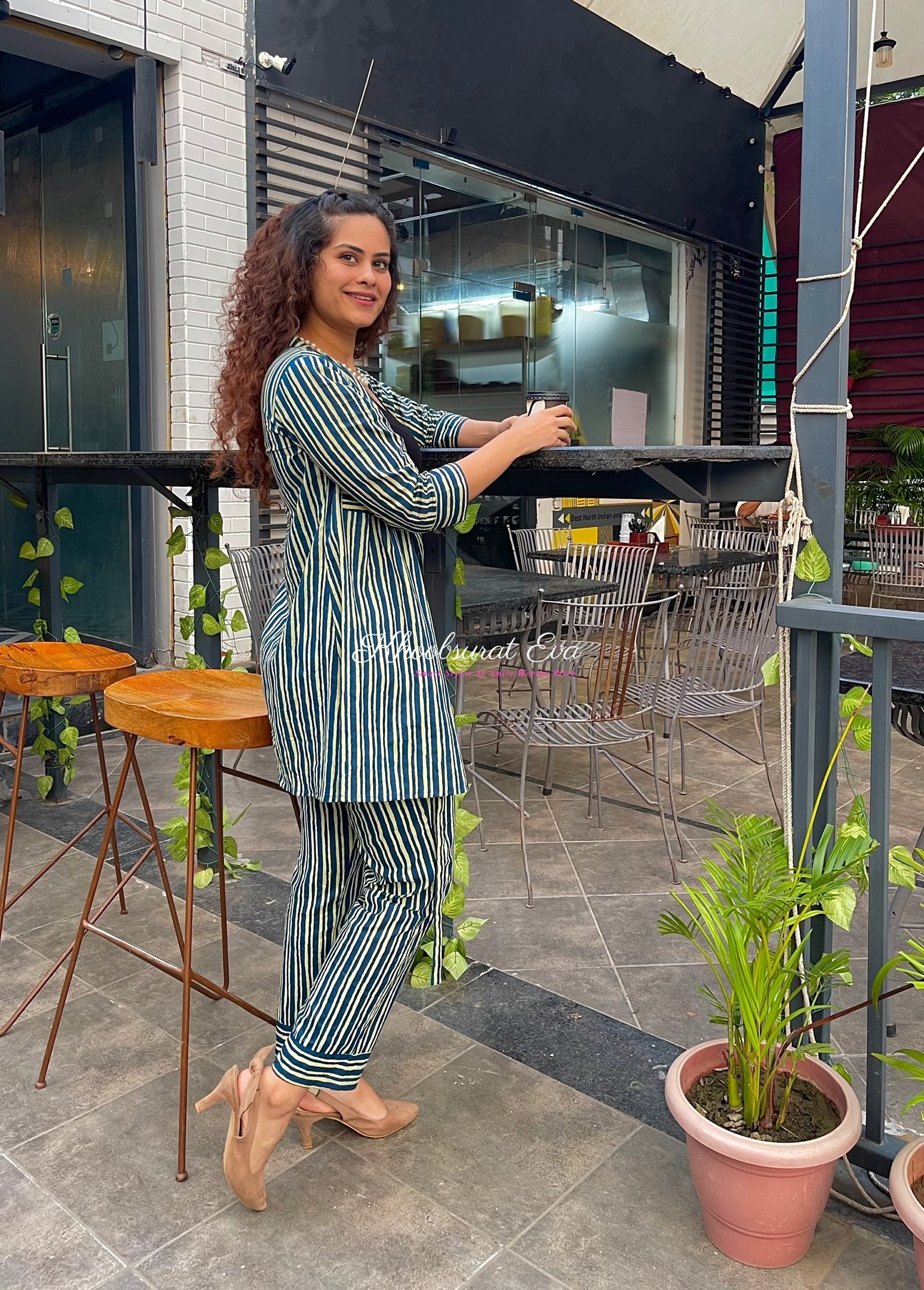 Stylish Blue Striped Co-Ord Set for Women | Trendy Matching Outfit | Perfect for Summer, Beach, and Casual Wear