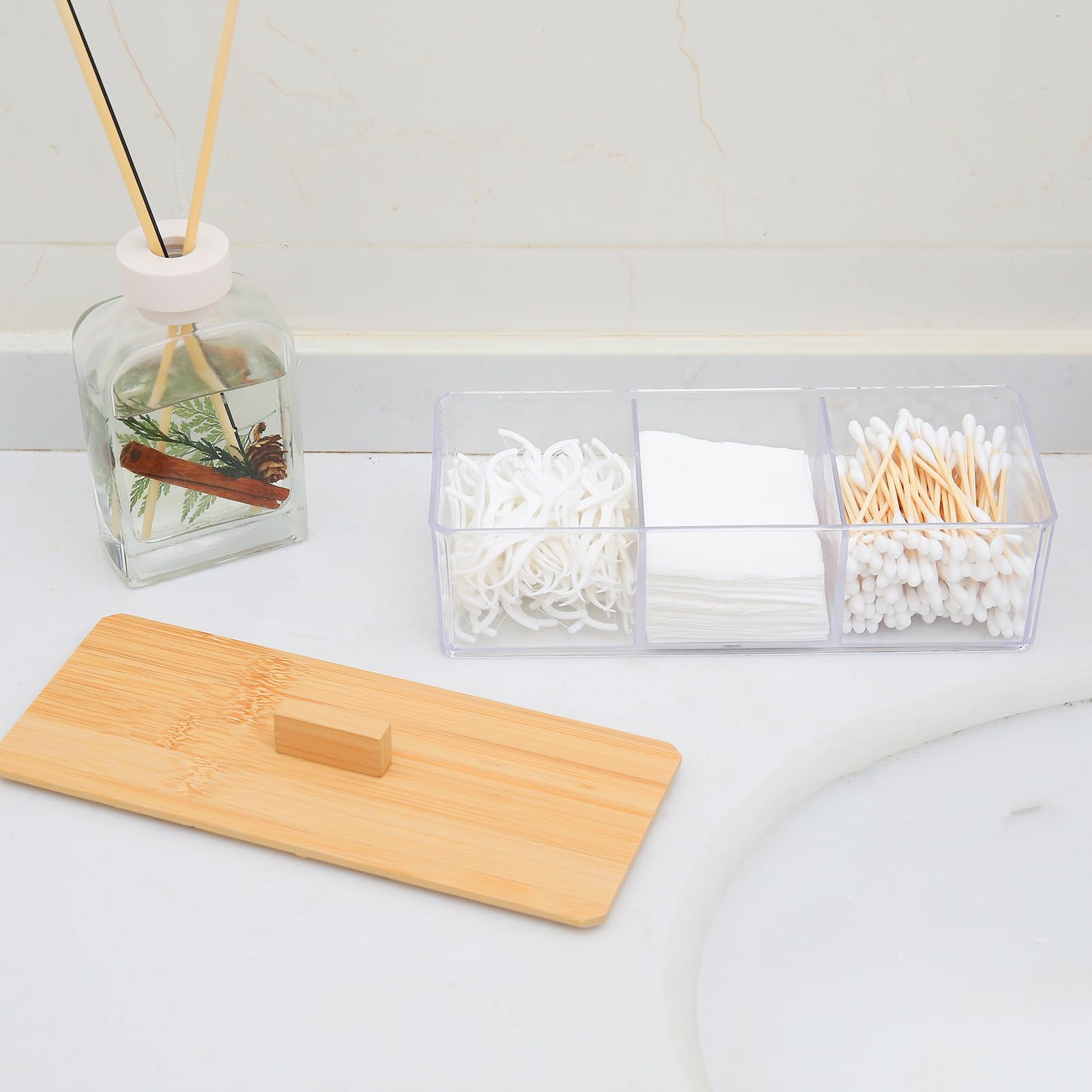 Clear Acrylic Qtip Holder with Lid - 3 Compartments for Cotton Balls & Swabs | Bathroom & Makeup Organizer