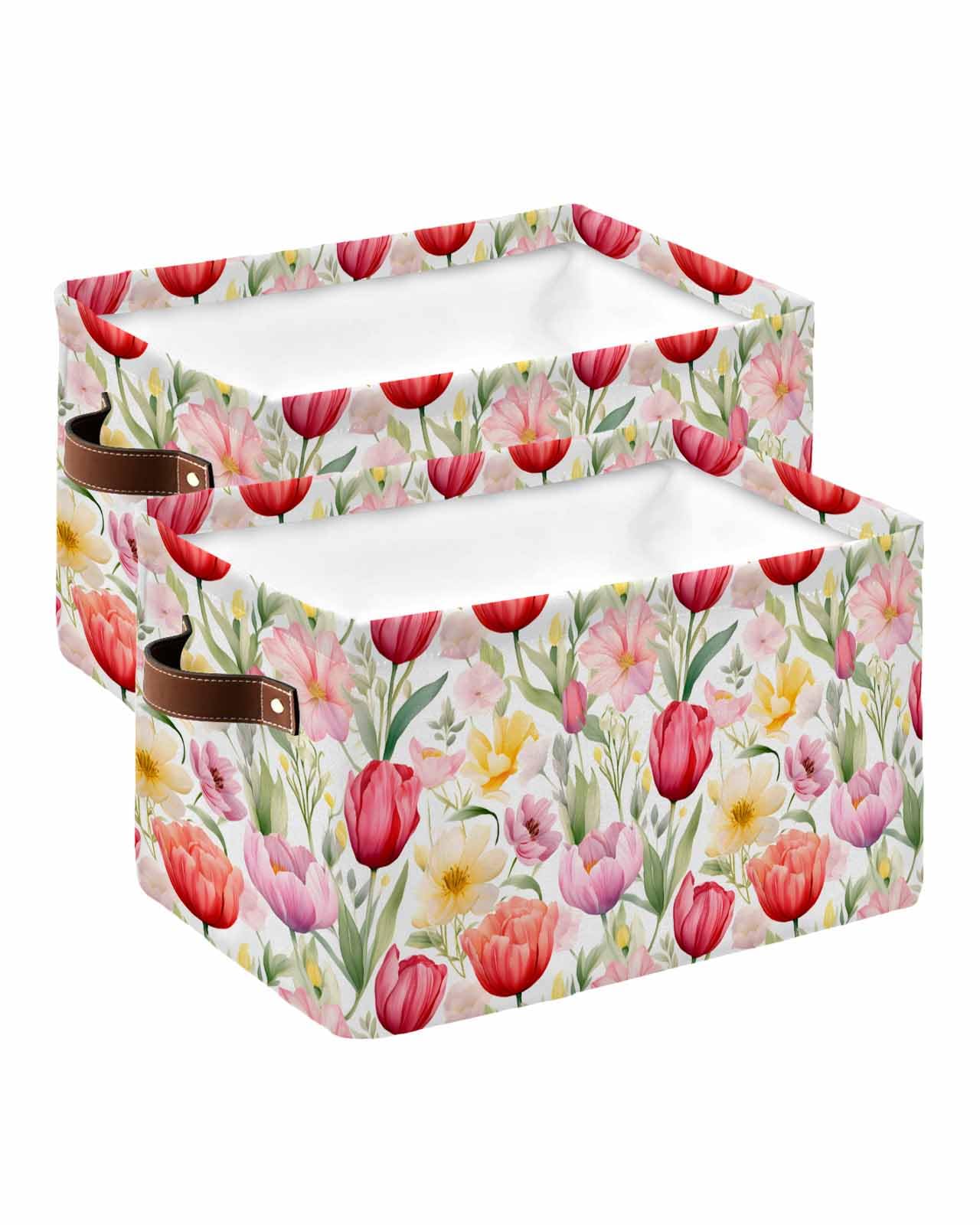 Large Collapsible Storage Bins with Handles - 2PCS Watercolor Botanical Storage Baskets with Spring Pink Red Tulip & Green Leaves Design, Foldable Cube Organizer for Shelves, Closet, Nursery, Laundry Room & Home Organization