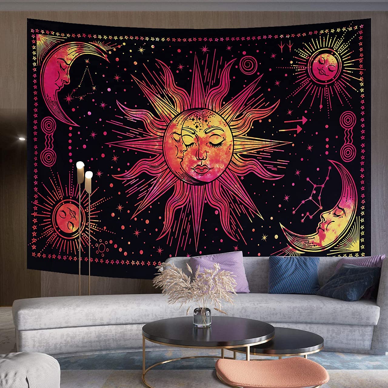 Boho Sun & Moon Tapestry - Indian Cotton Wall Hanging for Bedroom Decor (Red 30x40) | Dorm & Living Room