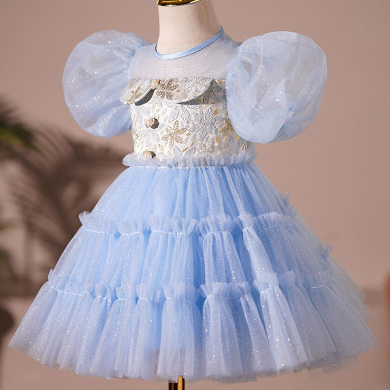 Royal Blue Satin Tulle Flower Girl Dress with Pleated Puff Sleeves - Elegant Princess Party Gown for Weddings, Birthday Celebrations & Special Occasions