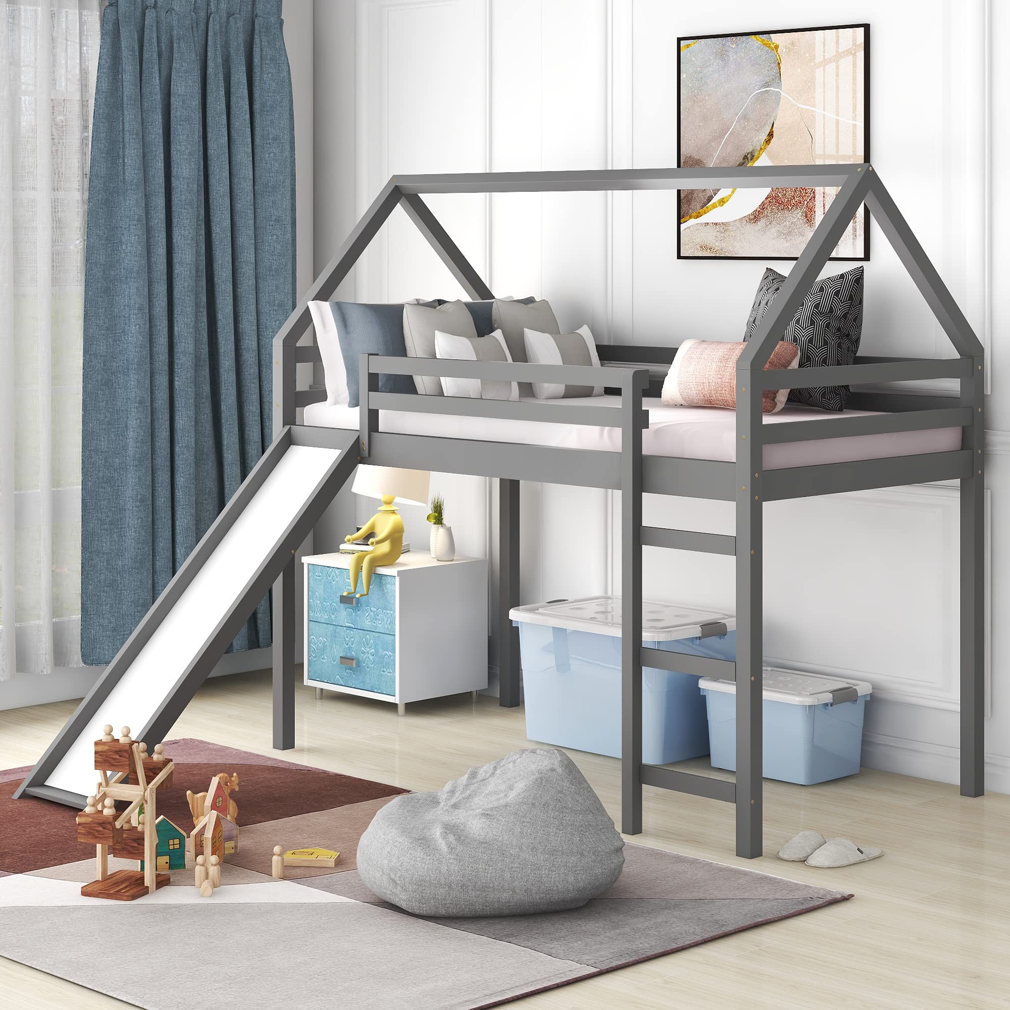 Harper & Bright Designs Twin Loft Bed with Slide - Solid Wood Kids House Bed Frame for Girls & Boys in Gray | Perfect for Small Bedrooms, Playrooms & Fun Sleepovers