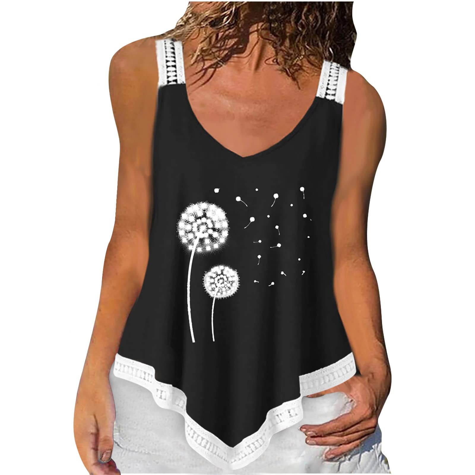 Women's Sexy Summer Tank Tops - Cat & Sunflower Print Loose Sleeveless V-Neck Blouse with V Hem Strap | Trendy Casual Tops for Beach, Party & Daily Wear