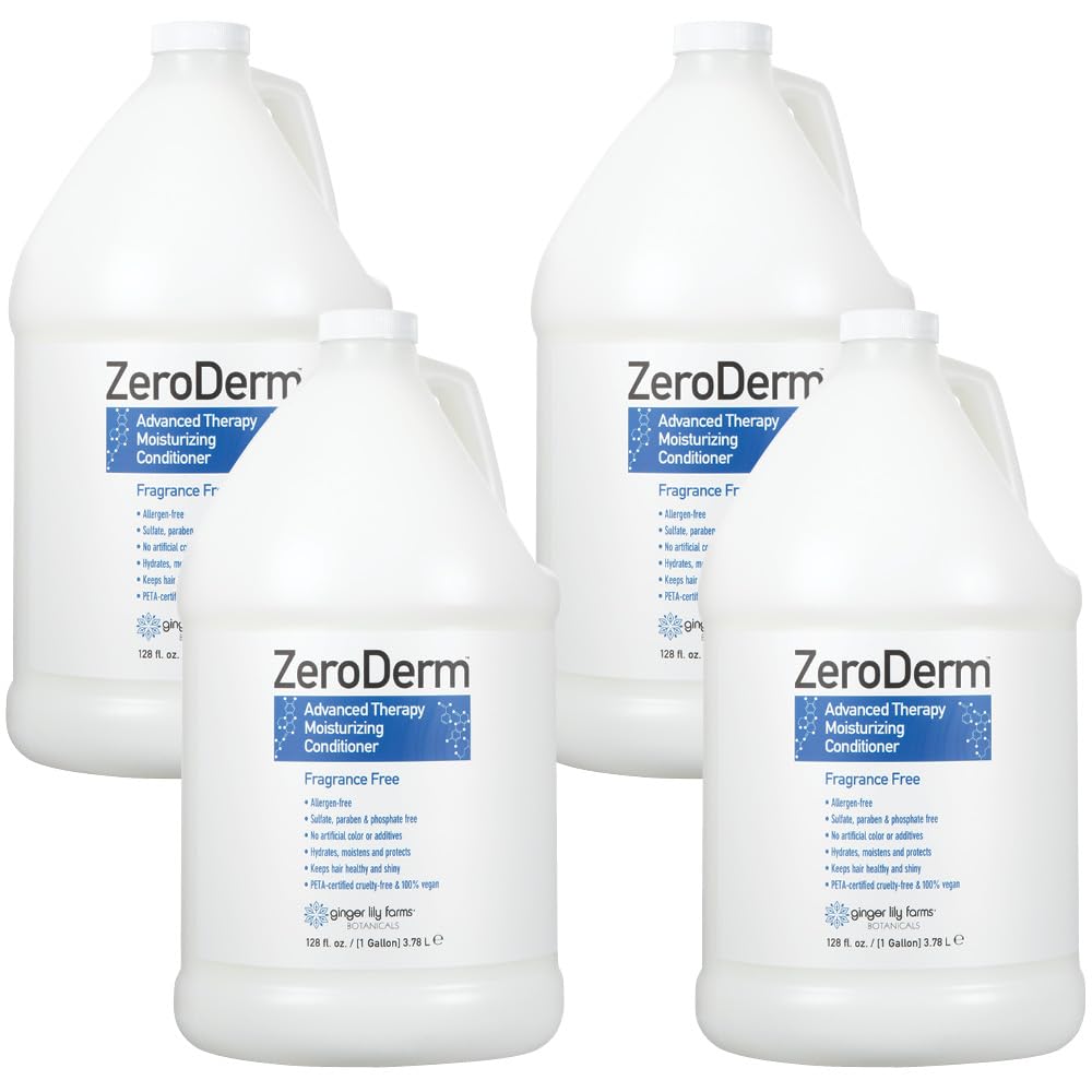 Ginger Lily Farms ZeroDerm Advanced Therapy Moisturizing Conditioner - 100% Vegan, Cruelty-Free & Fragrance-Free Hair Treatment for All Hair Types - 1 Gallon Refill Pack (4 Count) - Ideal for Dry, Damaged & Color-Treated Hair at Home or Salon Use