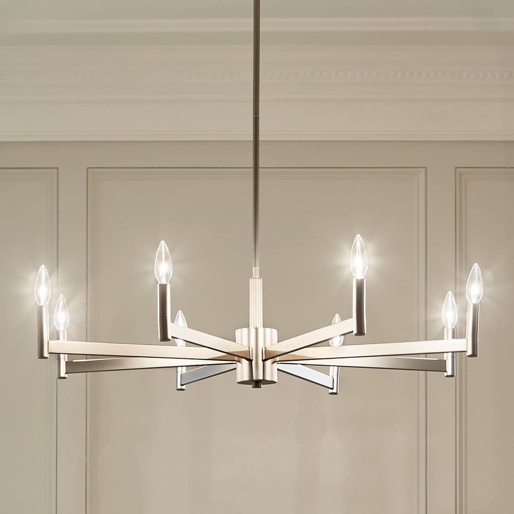 8-Light Modern Farmhouse Chandelier in Satin Nickel Finish - Rustic Dining Room Lighting for Kitchen Island, Entryway & Farmhouse Decor