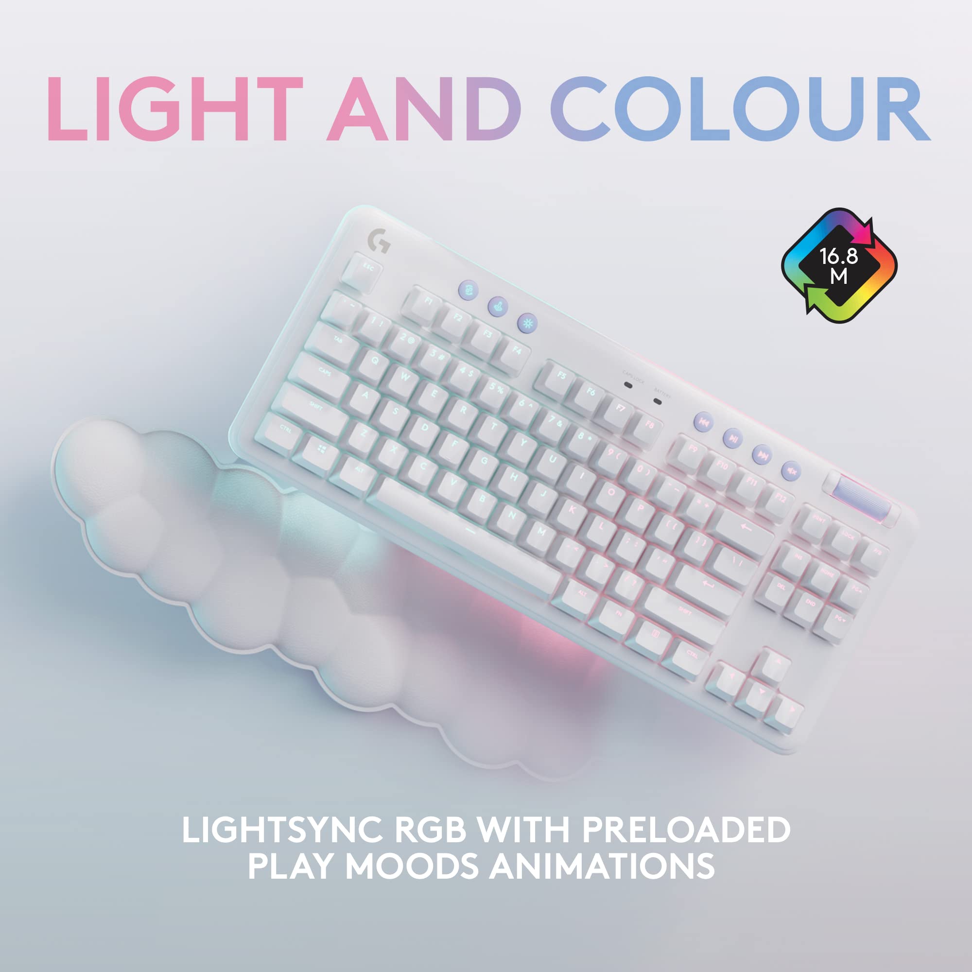 Logitech G715 Wireless Mechanical Gaming Keyboard - RGB Backlit, LIGHTSPEED Wireless, Tactile Brown Switches, Palm Rest Included - Compatible with PC & Mac (White Mist) - Perfect for Esports, Streaming & Office Work