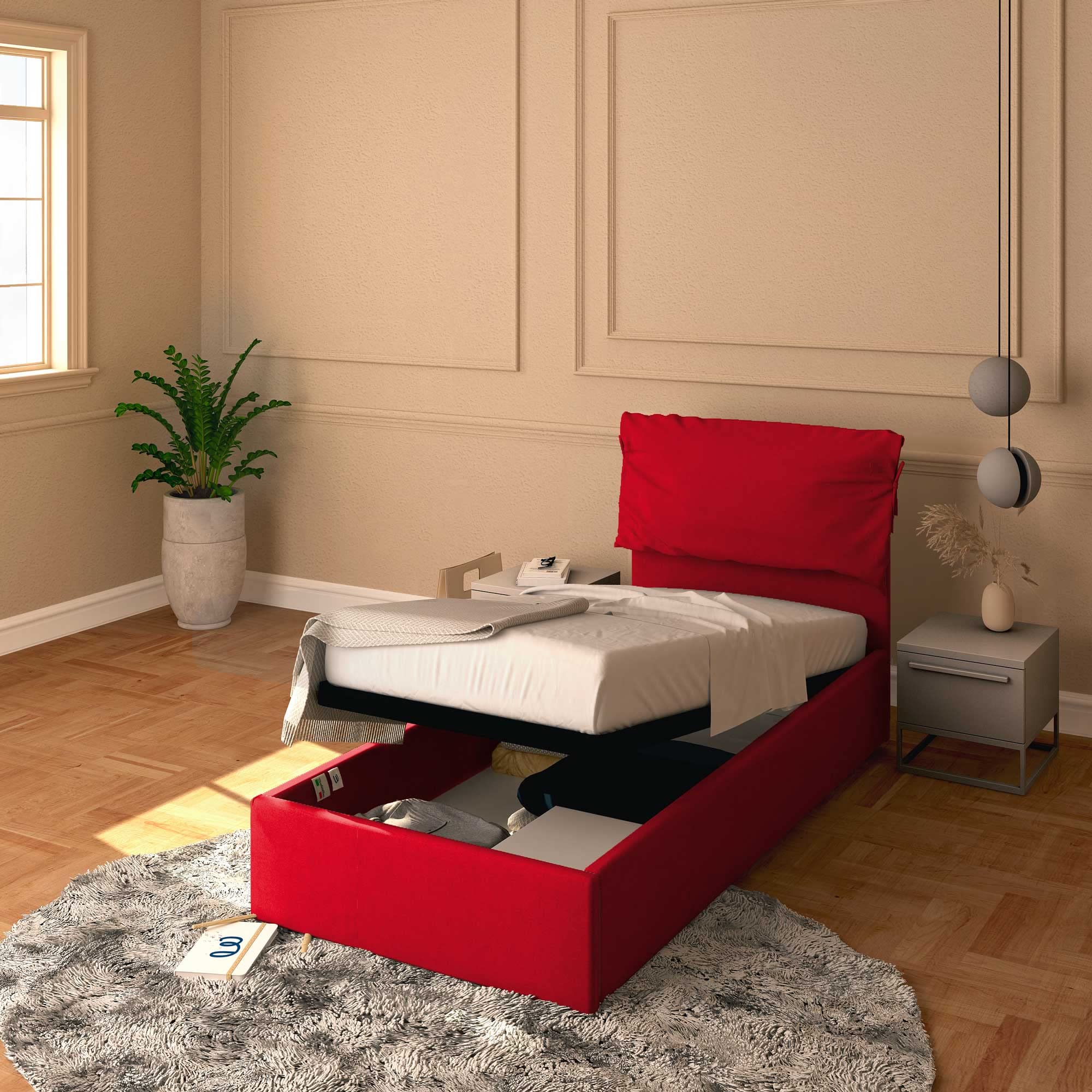 Baldiflex Single Bed with Storage - Licia Soft Synthetic Leather Upholstery, Slatted Base for 80x200cm Mattress, Thin Padded Headboard - Red | Perfect for Small Bedrooms, Guest Rooms & Studio Apartments