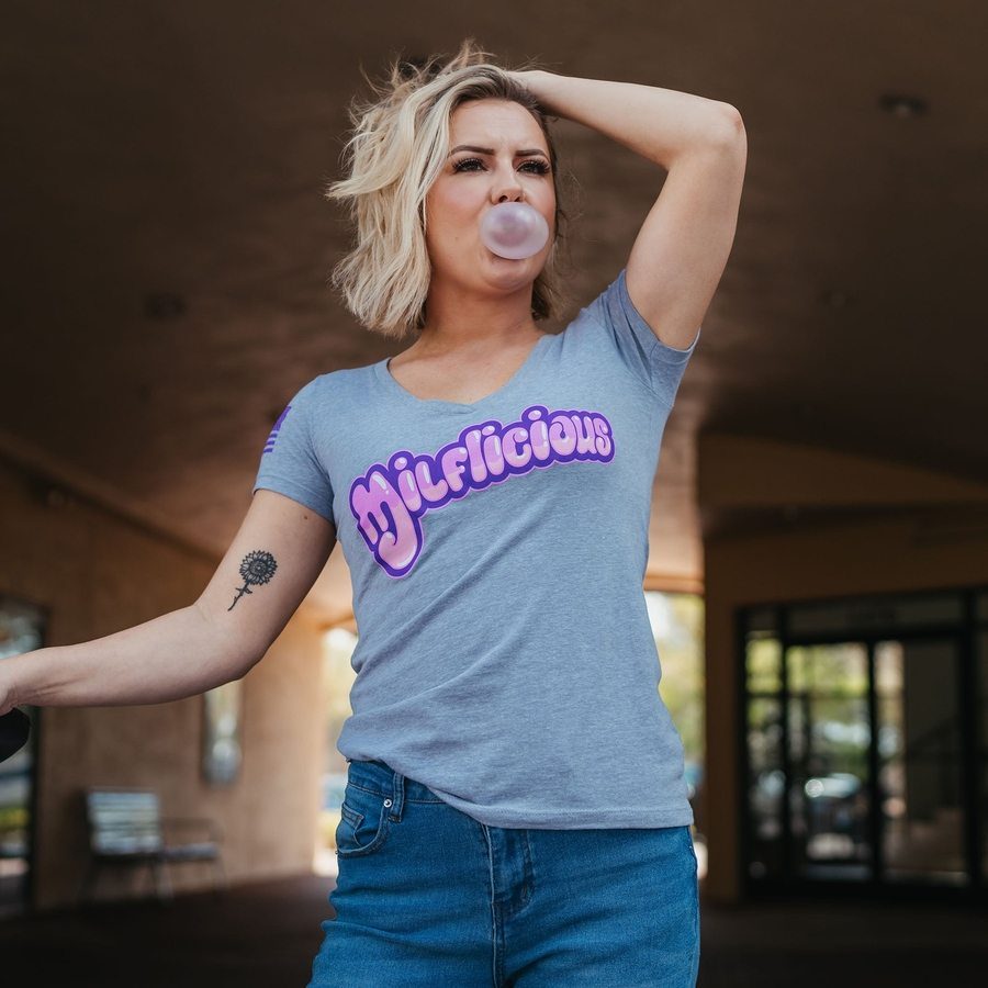 Women's Milflicious V-Neck T-Shirt - Soft Heather Gray Cotton Tee for Casual Wear & Everyday Outfits