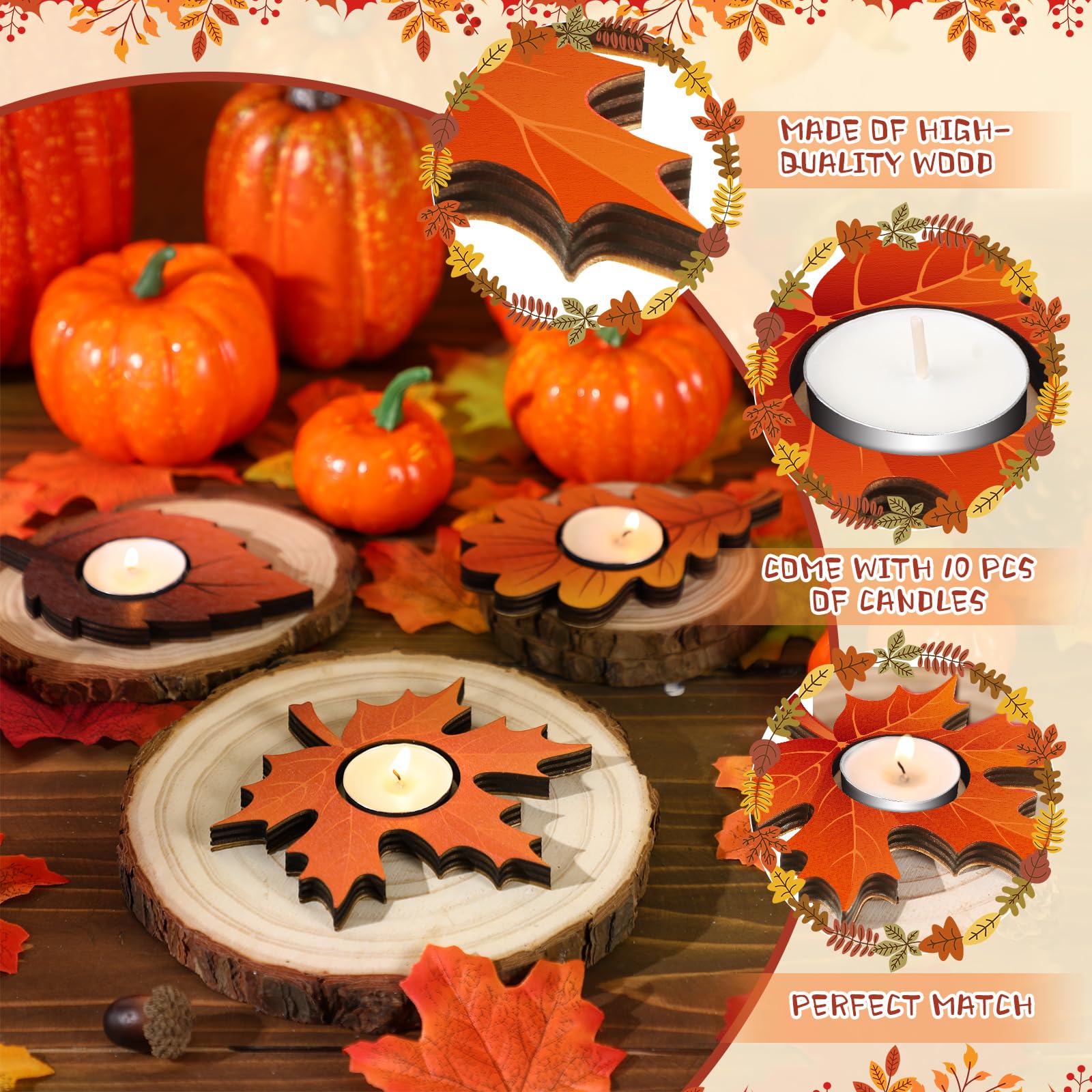 6 Pcs Fall Thanksgiving Candle Holders with 10 White Candles - Maple Leaf Harvest Table Centerpiece Decor, Tealight Holders for Home, Autumn Party, Mantel & Tabletop Decorations - Perfect for Thanksgiving Dinner, Fall Weddings & Cozy Home Ambiance