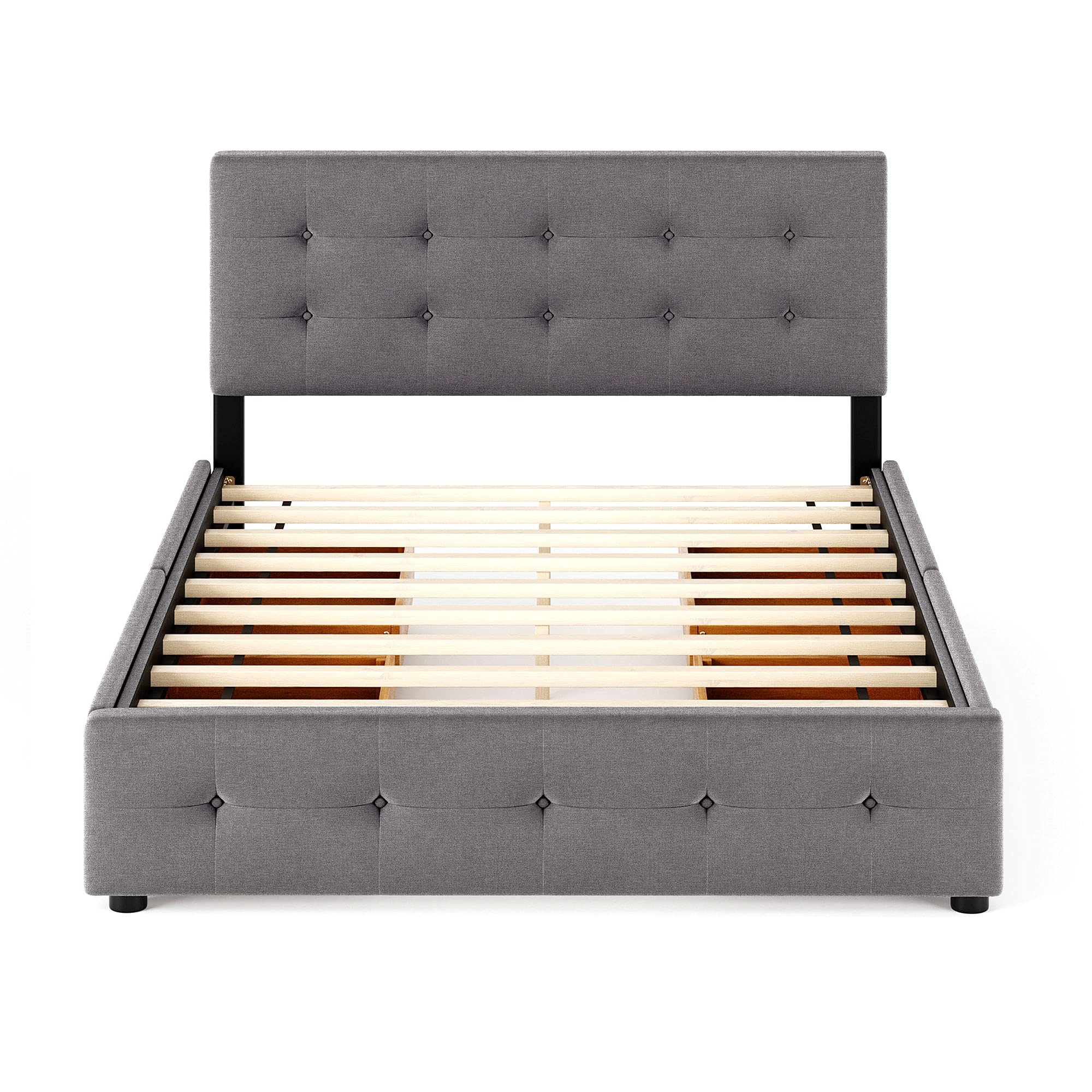 Queen Size Modern Upholstered Platform Bed with 4 Large Drawers - Button Tufted Headboard, Wooden Slat Support & Center Legs - No Box Spring Required (Light Gray) - Perfect for Master Bedrooms, Guest Rooms & Small Spaces