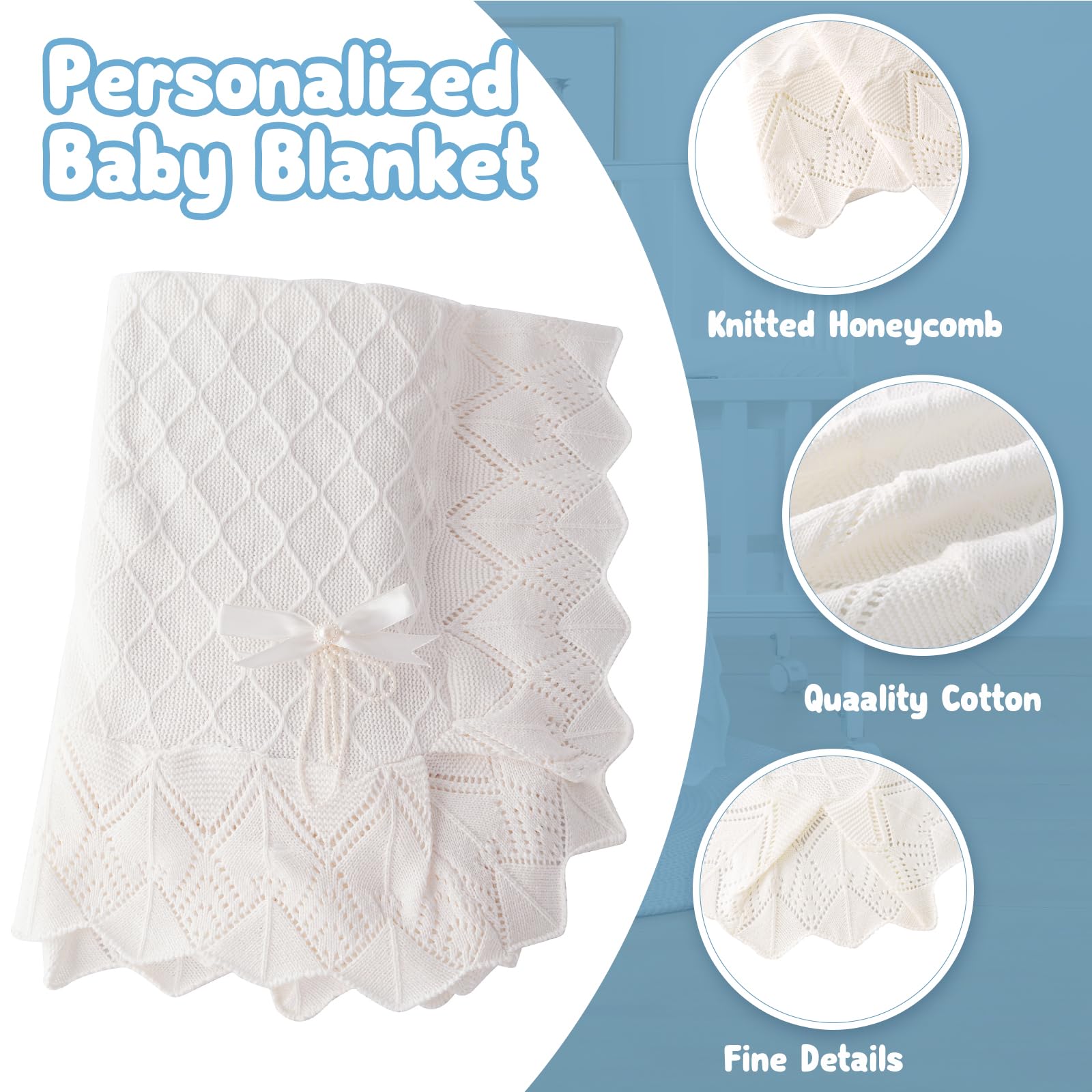 Booulfi Knit White Baby Blankets - Neutral Cotton Lace Crochet Crib & Stroller Blanket for Newborn Boys & Girls (38