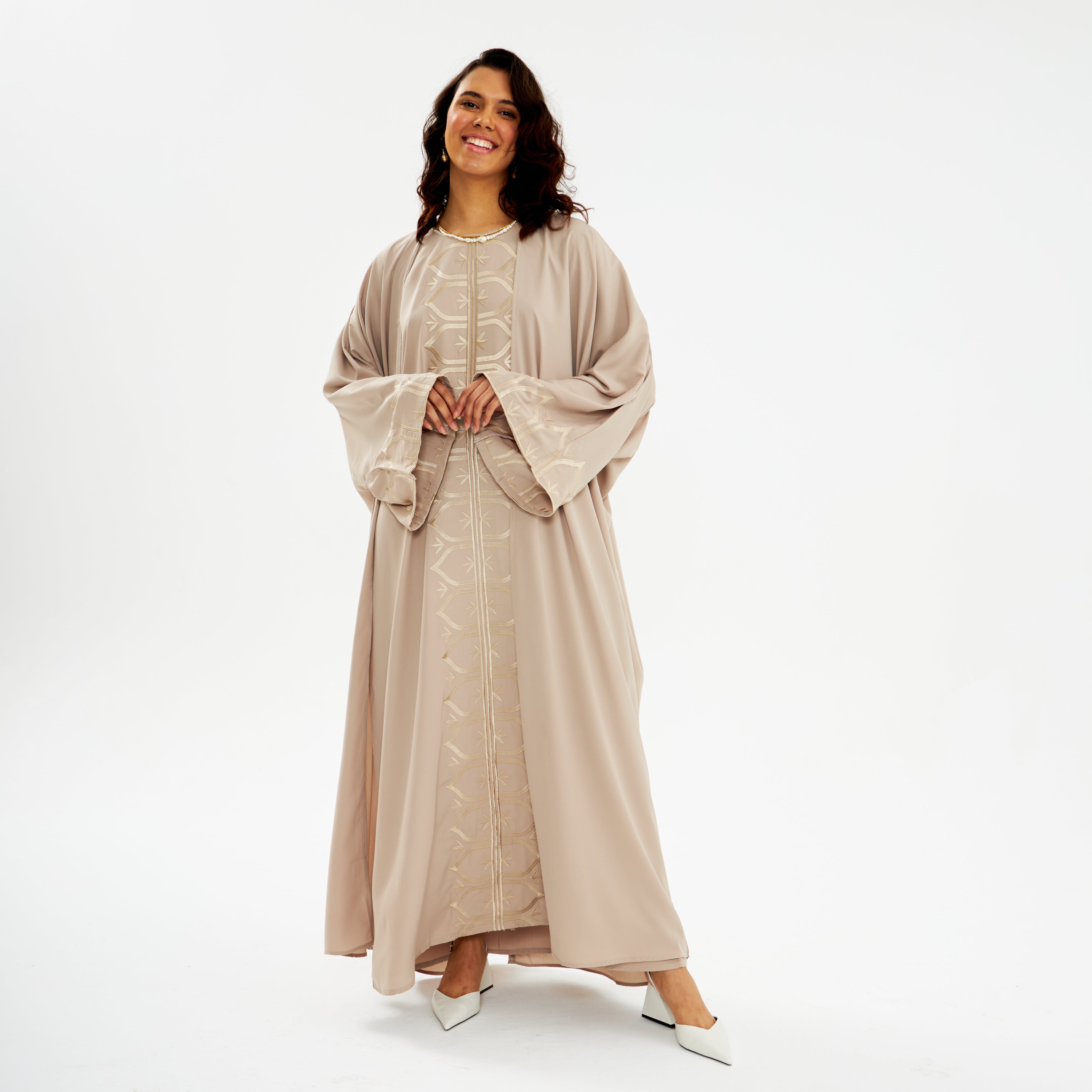 Malika Beige Abaya for Women - Elegant Modest Islamic Dress for Prayer, Eid & Special Occasions