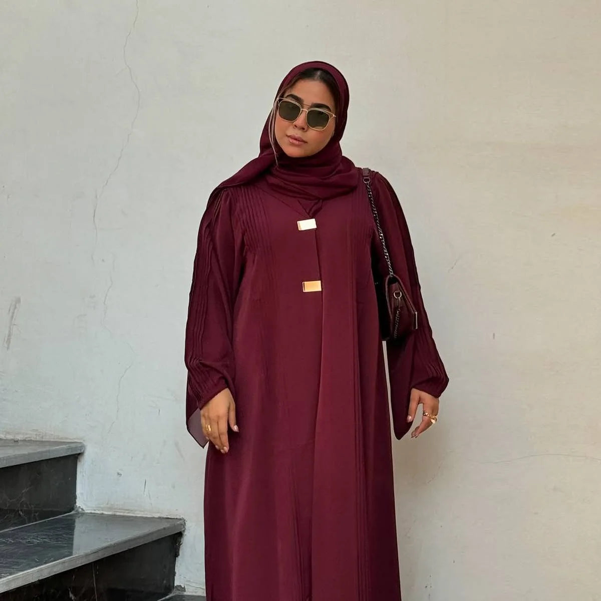 Elegant Pleated Arab Dubai Open Abaya Dress #25189 - Modest Muslim Fashion for Women, Perfect for Prayer, Weddings & Special Occasions